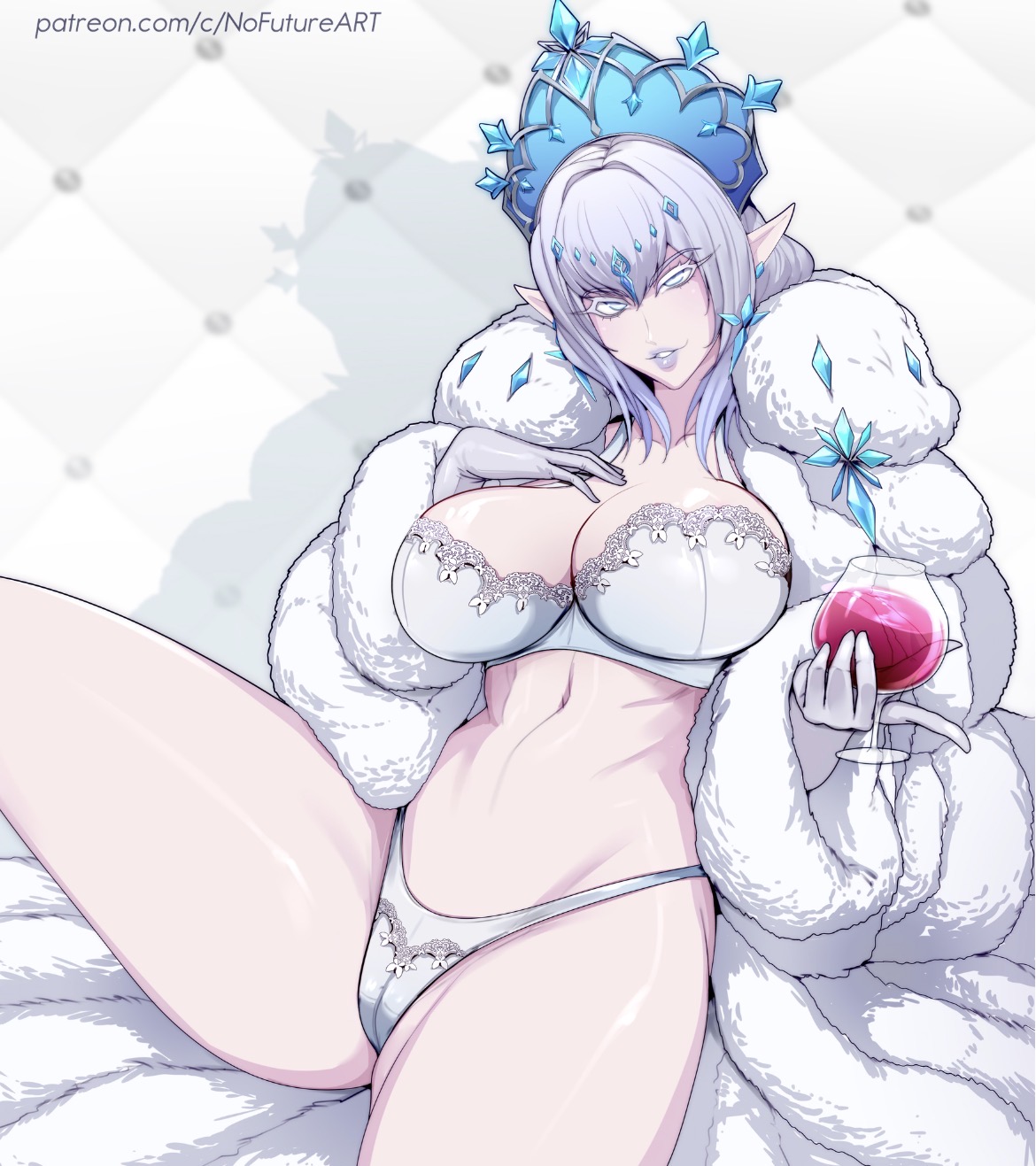 1girls, ass visible through thighs, bangs, belly, belly button, big breasts, bra, busty, busty female, cameltoe, champagne, curvy, curvy figure, female, female only, fur coat, genshin impact, hi res, juicy lips, legs, light purple hair, long ears, looking at viewer, midriff, nofuture, panties, pose, purple lipstick, solo, thick thighs, tiara, tsaritsa (genshin impact), white fur coat, wide hips, wine glass