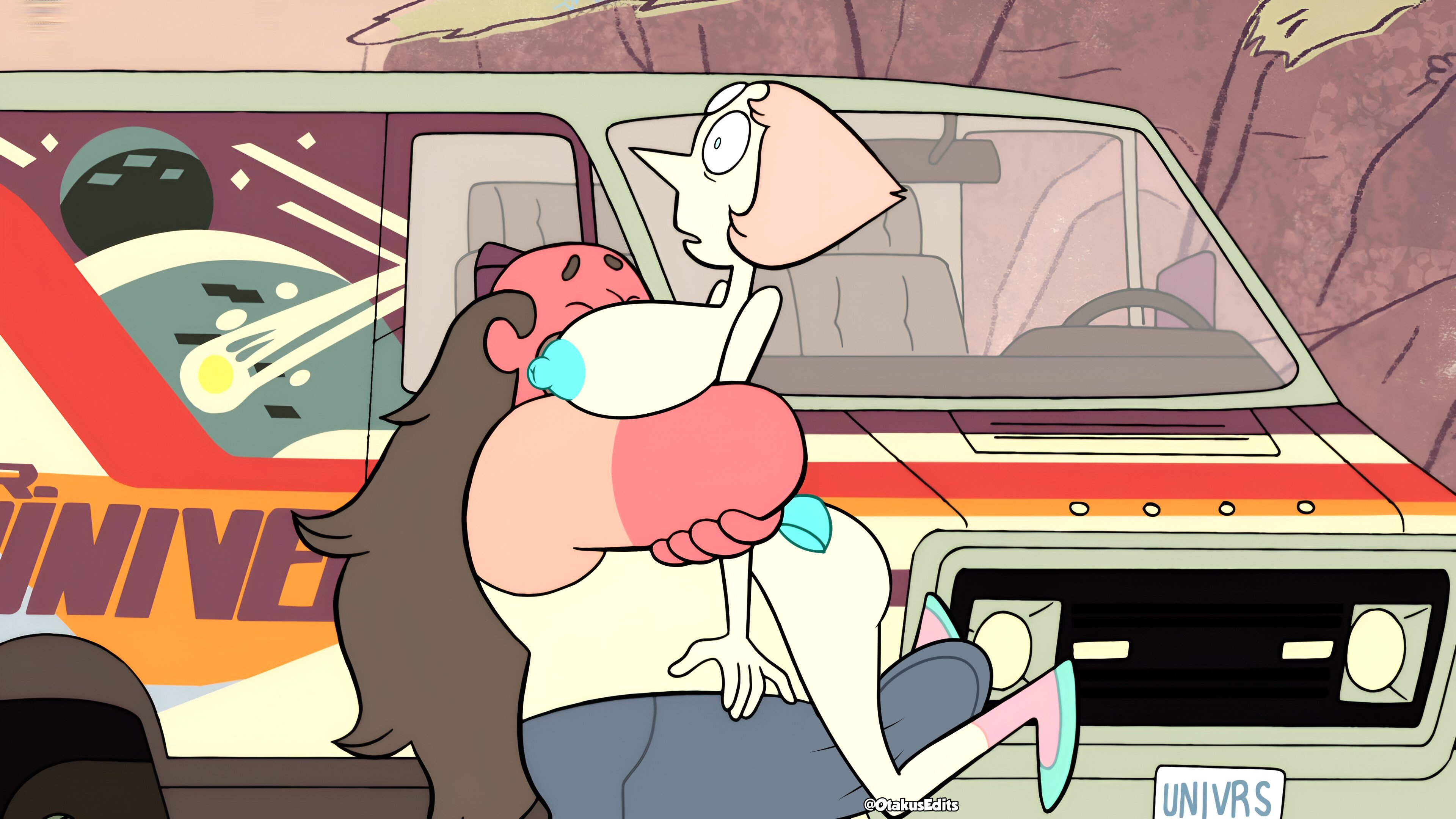 accurate art style, breasts, breasts out, cartoon network, female, gem (species), gem on forehead, greg universe, hugging, male, otakusedits, pearl (steven universe), screenshot, screenshot edit, steven universe, van