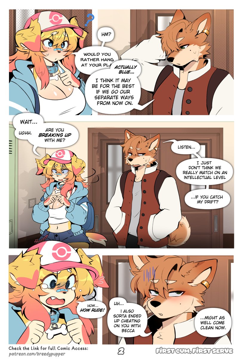 big breasts, blue (breedypupper), breasts, breedypupper, clothing, comic, comic page, crop top, dialogue, english text, female, furry, hat, hourglass figure, huge breasts, midriff, short shorts, tagme, tyler (breedypupper)