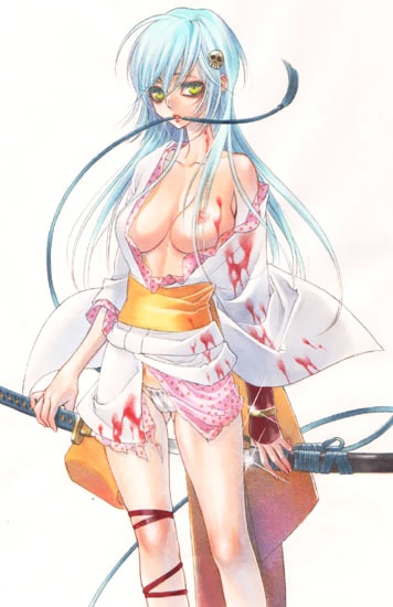 1girls 2009 blue_hair breasts dororon_enma-kun female green_eyes japanese_clothes kiyo_(nbs199) long_hair nipples panties striped sword underwear weapon youkai yuki_onna yukiko_hime