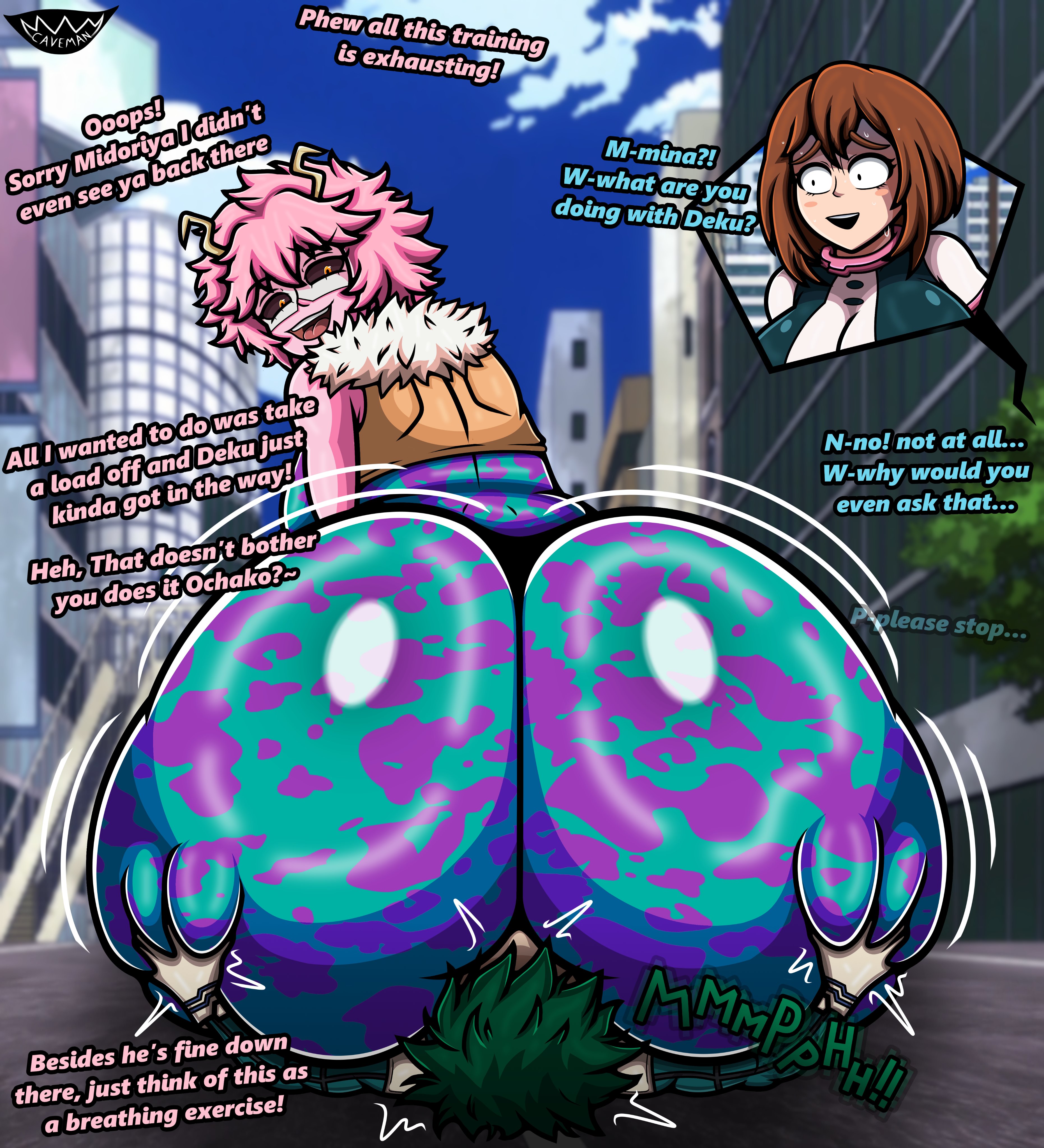 1boy, 2girls, ass, ass body, ass focus, big ass, boku no hero academia, caveman147, comic, cuckquean, dialogue, excessive ass flesh, facesitting, fat ass, gigantic ass, hero outfit (mha), huge ass, hyper ass, izuku midoriya, jealous female, large ass, massive ass, mina ashido, my hero academia, ochako uraraka, ochako uraraka (hero outfit), sweaty ass, teasing, teenager, text, uraraka ochako, uraraka ochako (hero outfit)