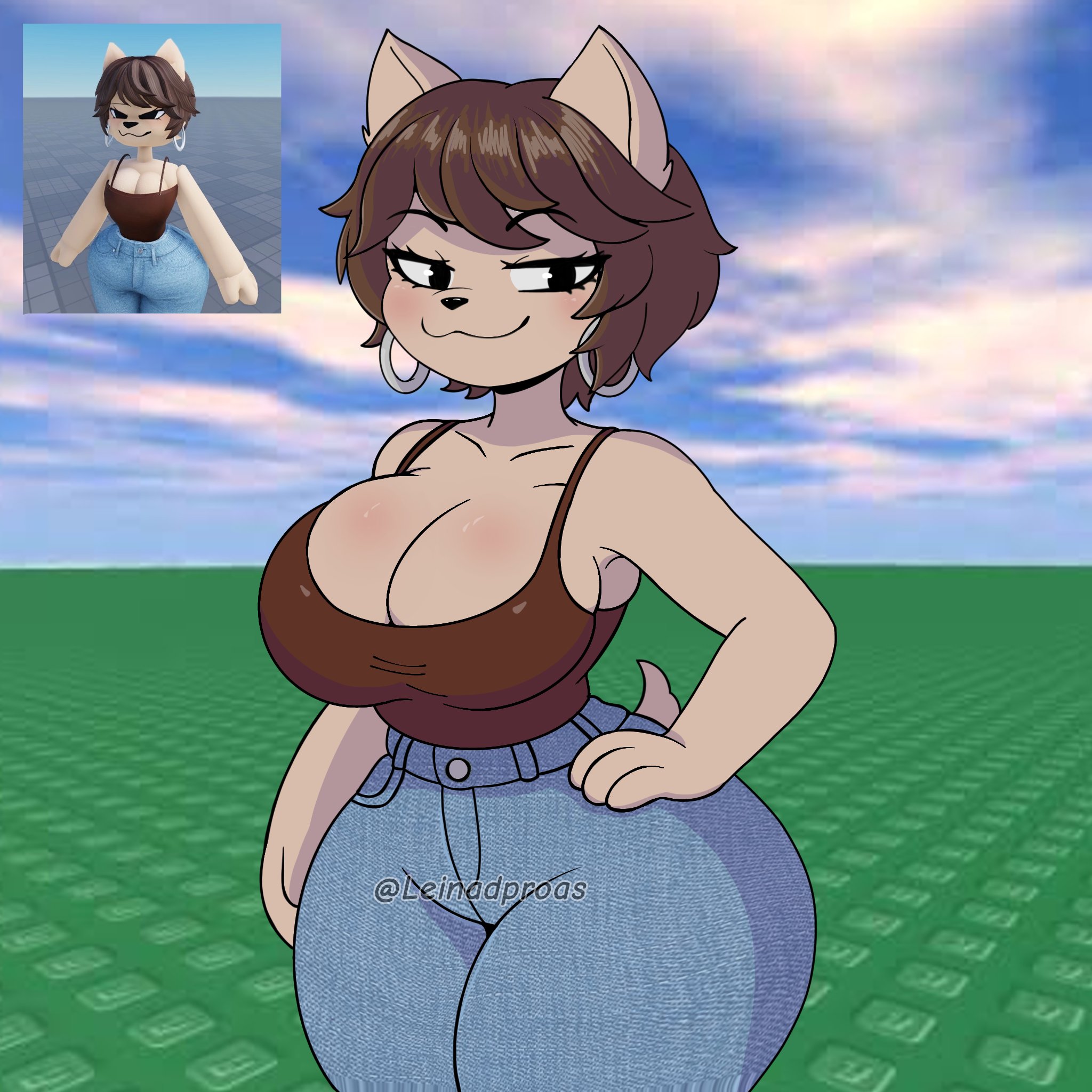 1girls, 2025, 3d background, animal ears, animal tail, ass, baseplate, big ass, big breasts, big butt, big thighs, big titties, breasts, brown hair, cleavage, clothed, clothing, curvaceous, curvaceous female, curvaceous figure, curvy, curvy figure, curvy hips, female, female focus, female only, front view, furry, furry female, furry only, leinadproas, looking at viewer, original character, reference image, roblox, roblox avatar, roblox background, robloxian, short hair, thick thighs, thighs, voluptuous, watermark