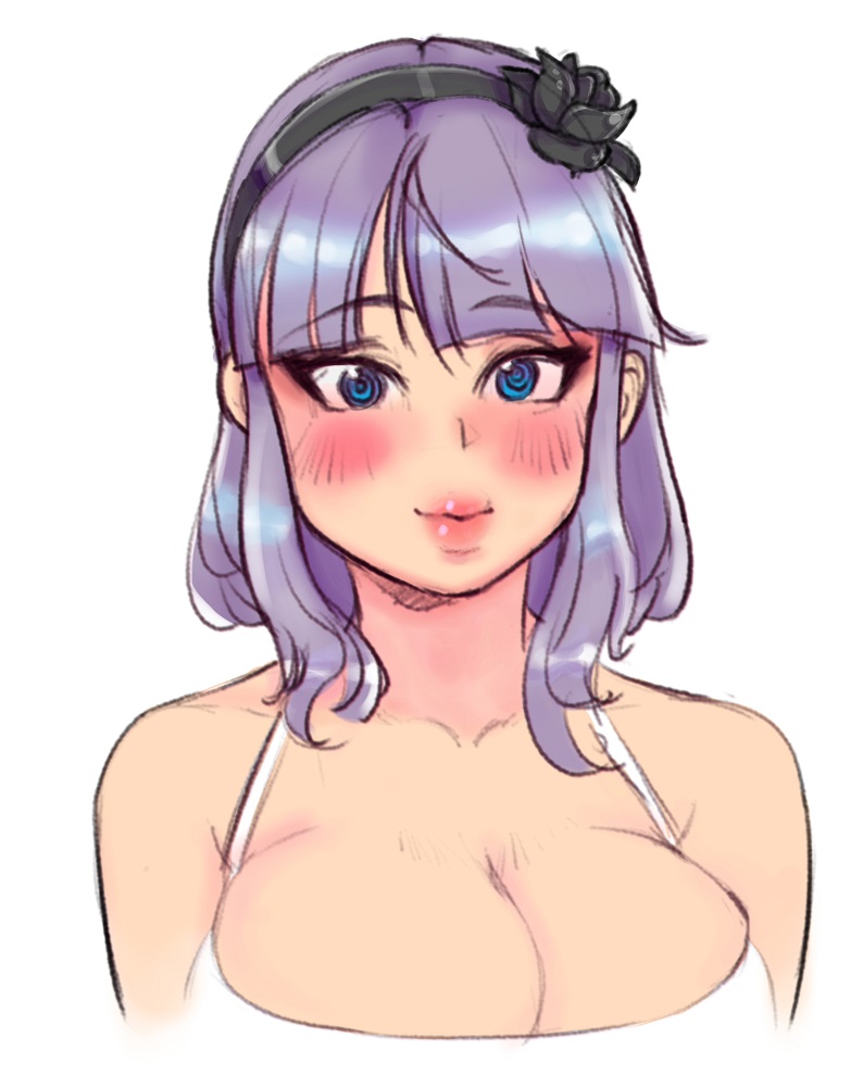 blush dagashi_kashi hairband keigi_(artist) large_breasts lips looking_at_viewer portrait purple_hair pursed_lips shidare_hotaru shoulder_length_hair smile spiral_eyes thick_lips