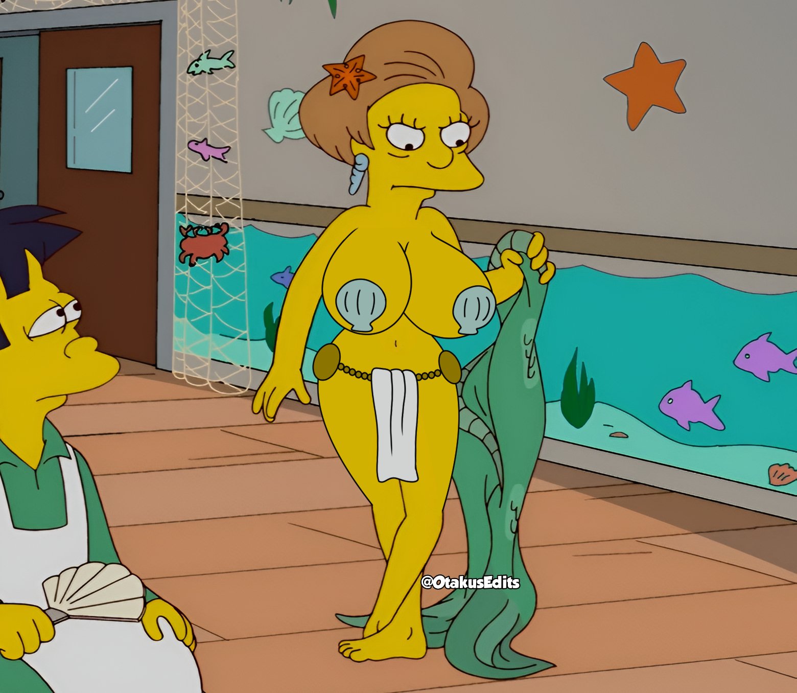accurate art style, disney+, edna krabappel, female, leotard shorts, light-brown hair, otakusedits, screenshot, screenshot edit, seashell pasties, starfish hair ornament, the simpsons