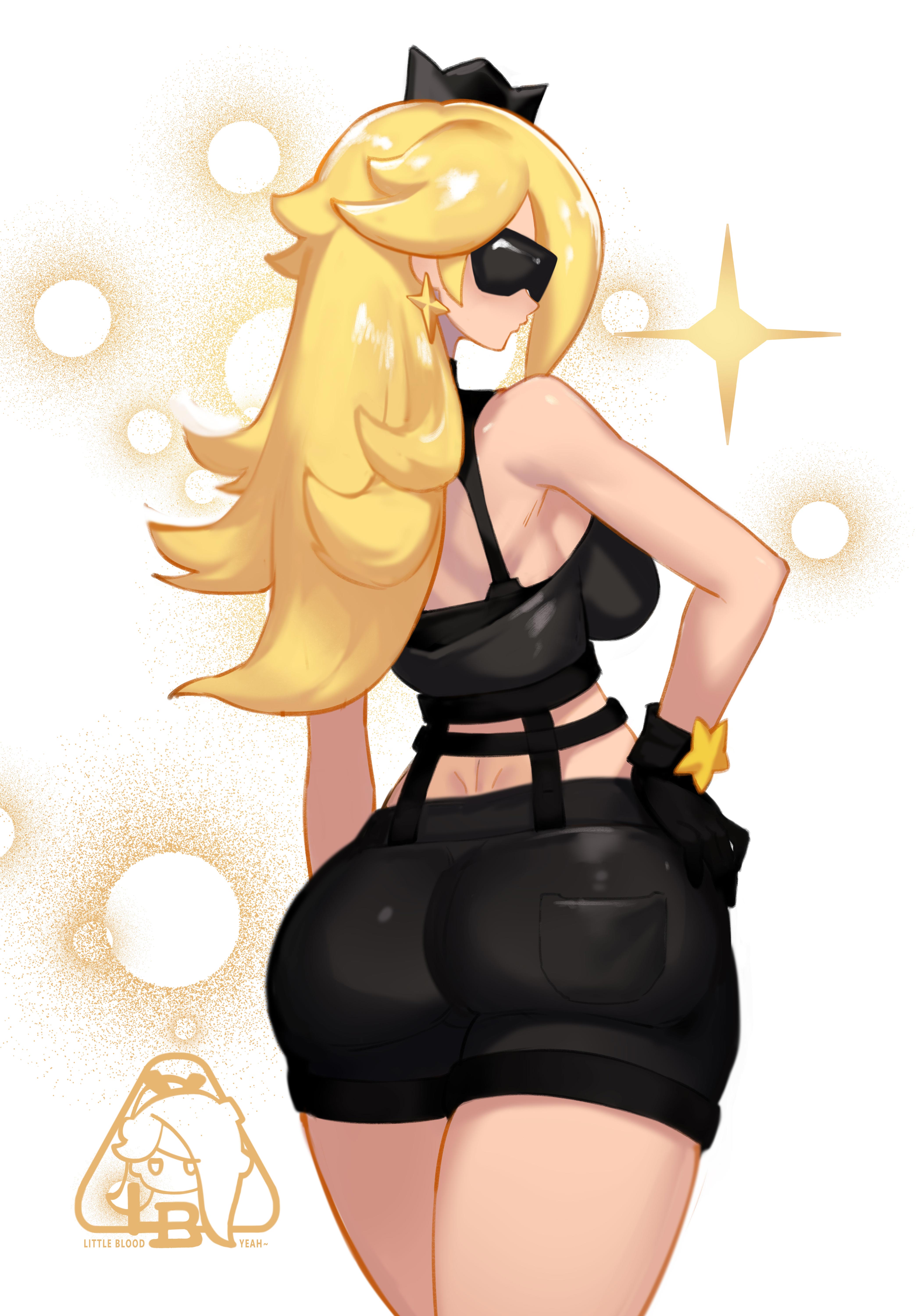 1girls, ass, black crown, black gloves, black shorts, blonde hair, breasts, crown, earrings, female, gloves, large ass, little blood, long hair, mario (series), princess rosalina, shades, shorts, simple background, sunglasses, tinted eyewear