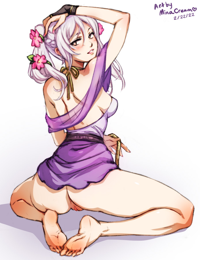 artist_name ass bare_shoulders barefoot blush breasts brown_eyes dated female fire_emblem fire_emblem_awakening fire_emblem_heroes flower from_behind grey_hair hair_flower hair_ornament looking_at_viewer medium_breasts mina_cream official_alternate_costume pink_flower pussy robin_(fire_emblem) robin_(fire_emblem)_(female) simple_background sitting smile solo teeth twintails uncensored valentine variant_set