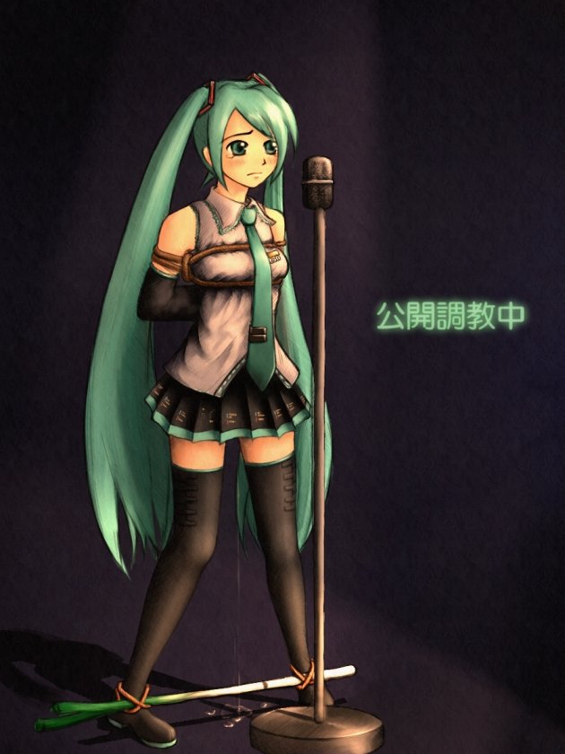 arms_behind_back bondage breast_bondage breasts cum cumdrip dripping hatsune_miku leek pussy_juice rope spreader_bar thighhighs tied_hair twintails vocaloid