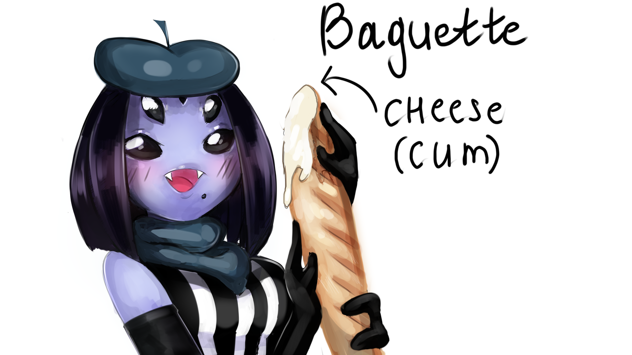 5 eyes, baguette, beret, blush, cum, cum on food, fangs, female, french muffet, litdeath, mole, monster girl, muffet, multi eye, solo, spider girl, undertale, undertale (series)