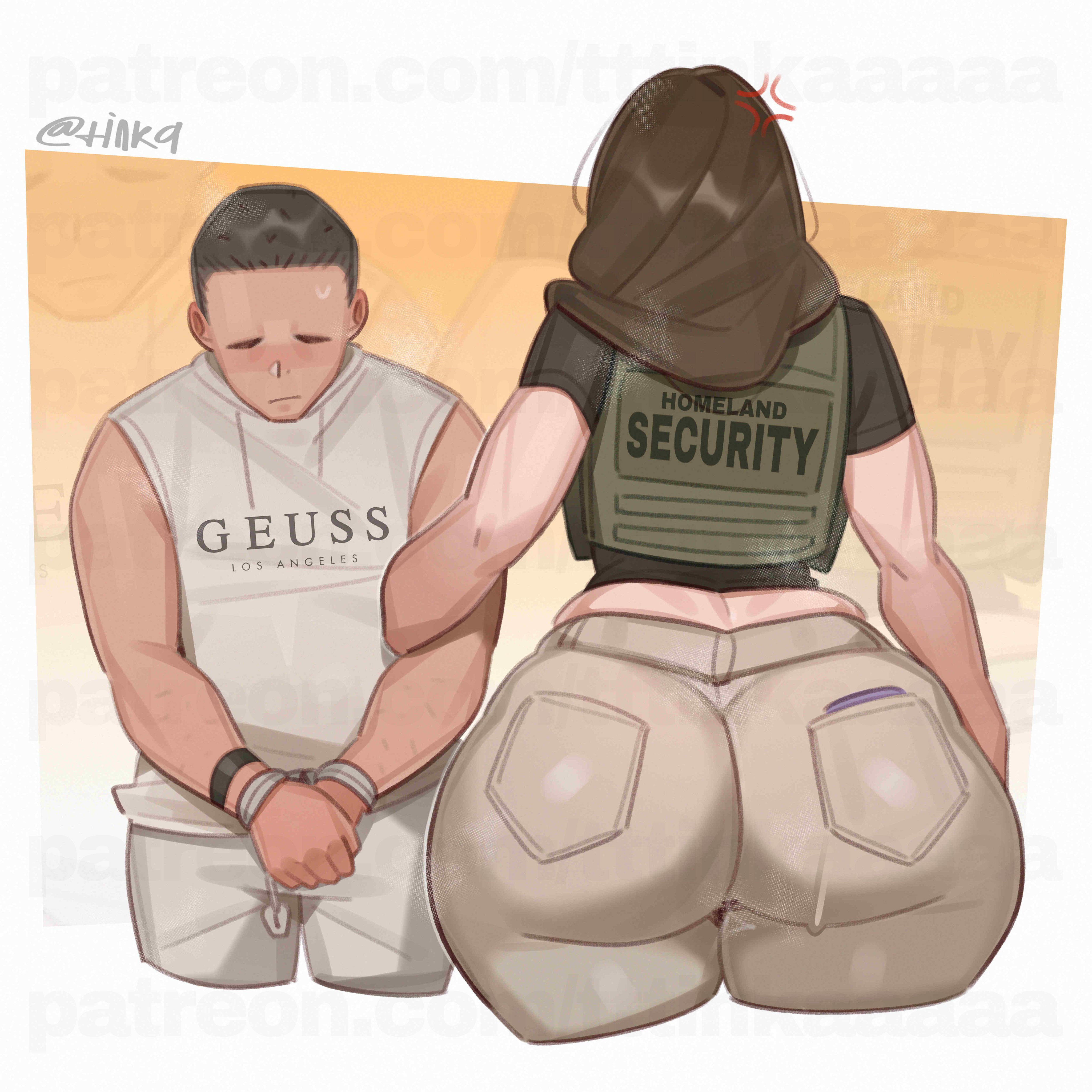 1boy, 1girls, 2d, 2d (artwork), arrested, ass, based on a real person, behind view, big ass, big butt, clothed, clothed female, clothed male, female, from behind, from behind position, homeland security, huge ass, large ass, large butt, male, signature, smaller male, tttinkaaaaa