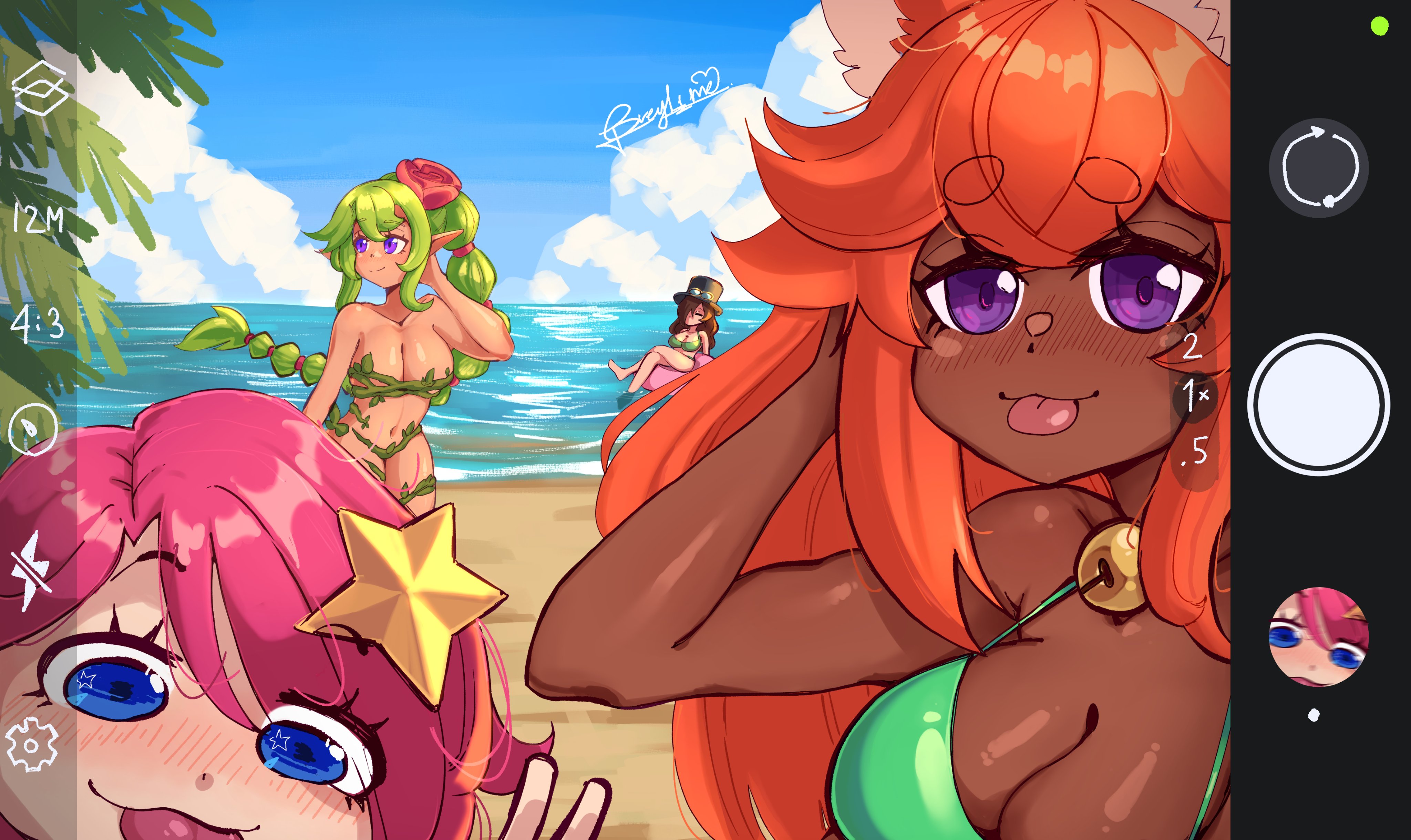 :p, 4girls, beach, big breasts, big ears, bikini, blep, blush, breasts, brown hair, camera view, cute, dryad, dryad (terraria), female, green hair, greyl1me, jingle bell, leaf, looking at viewer, looking away, ocean, orange hair, party girl (terraria), pink hair, re-logic, sea, silly face, steampunker (terraria), terraria, thick thighs, tongue, tongue out, v sign, vines, watermark, zoologist (terraria)