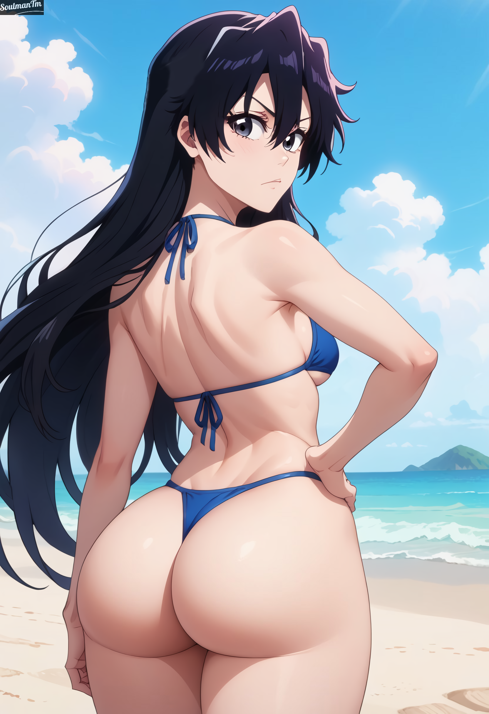 1girls, ai generated, anime, anime style, artist logo, artist name, ass, ass focus, ass grab, bambietta basterbine, beach, beach background, big ass, big breasts, big butt, black hair, bleach, bleach brave souls, bleach: the thousand-year blood war, breasts, bubble ass, bubble butt, butt focus, female, female only, light skin, light-skinned female, looking at viewer, looking back, looking back at viewer, pose, quincy (bleach), sand, side view, solo, soulmantm, standing, sternritter, thick, thick ass, thick legs, thick thighs, thighhighs, thighs, thong, thong bikini, white body, white skin