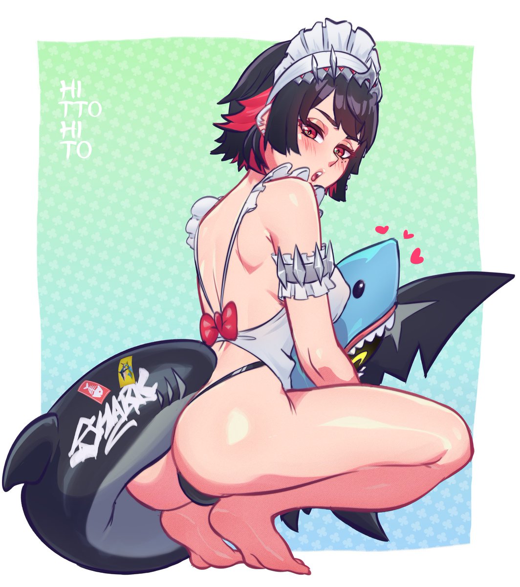 1girls, black hair, ellen joe, female, hito clover, hoyoverse, light skin, light-skinned female, looking at viewer, pale skin, pale-skinned female, red eyes, red hair, shark girl, shark tail, zenless zone zero