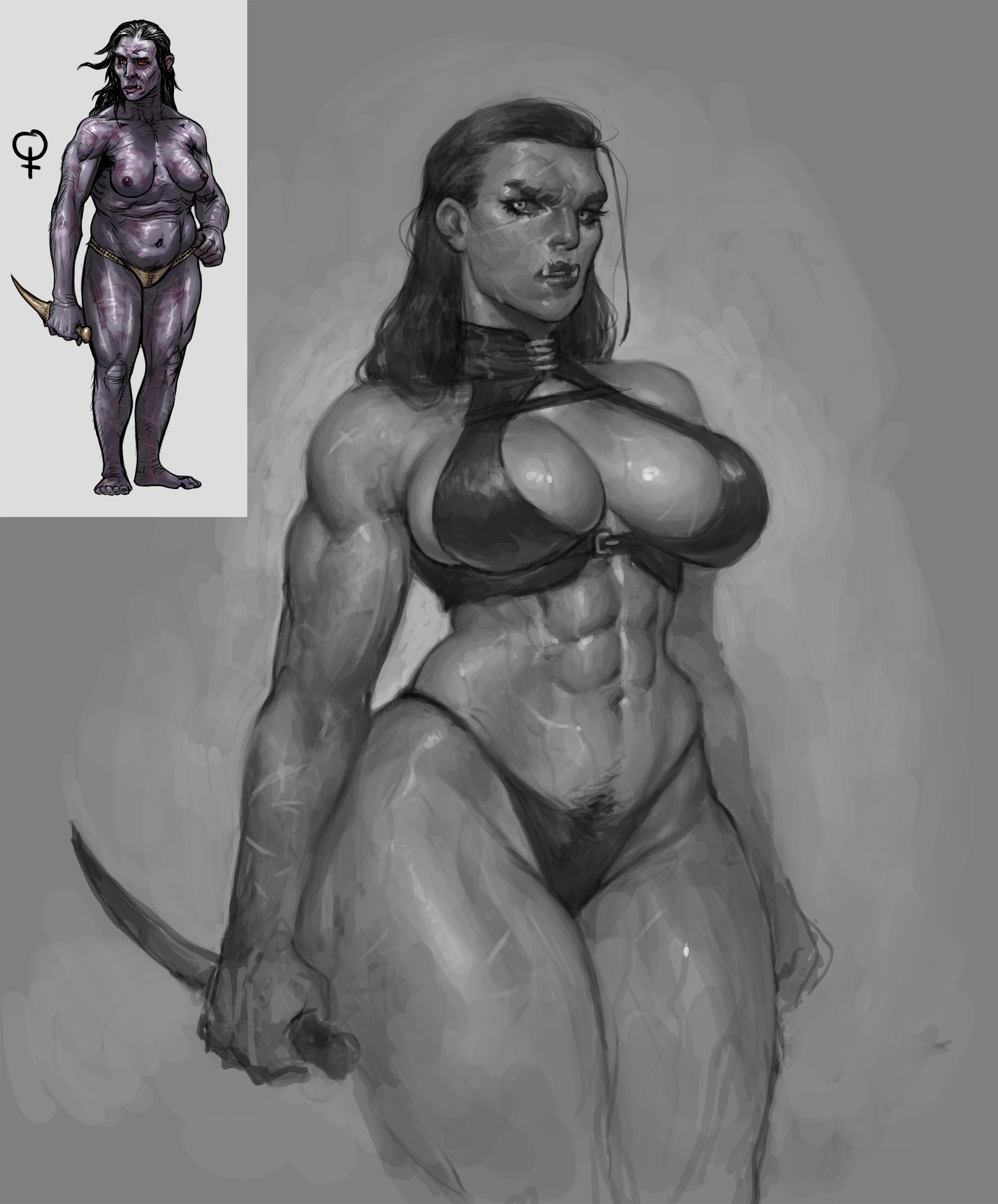 abs, big breasts, breasts, bush, curvaceous, curvaceous female, curvaceous figure, curvy, curvy body, curvy female, curvy figure, curvy hips, digital painting (artwork), fantasy, female, female only, female pubic hair, greyscale, hourglass figure, hourglass figured female, justsomenoob, large breasts, muscles, muscular, muscular arms, muscular female, muscular legs, muscular thighs, nipples, no visible genitalia, nonsexual, nonsexual nudity, nose ring, pinup, pubes, pubic hair, pubic stubble, six pack, solo, solo focus, tasteful nudity, toned, toned female, veiny muscles, wide hips