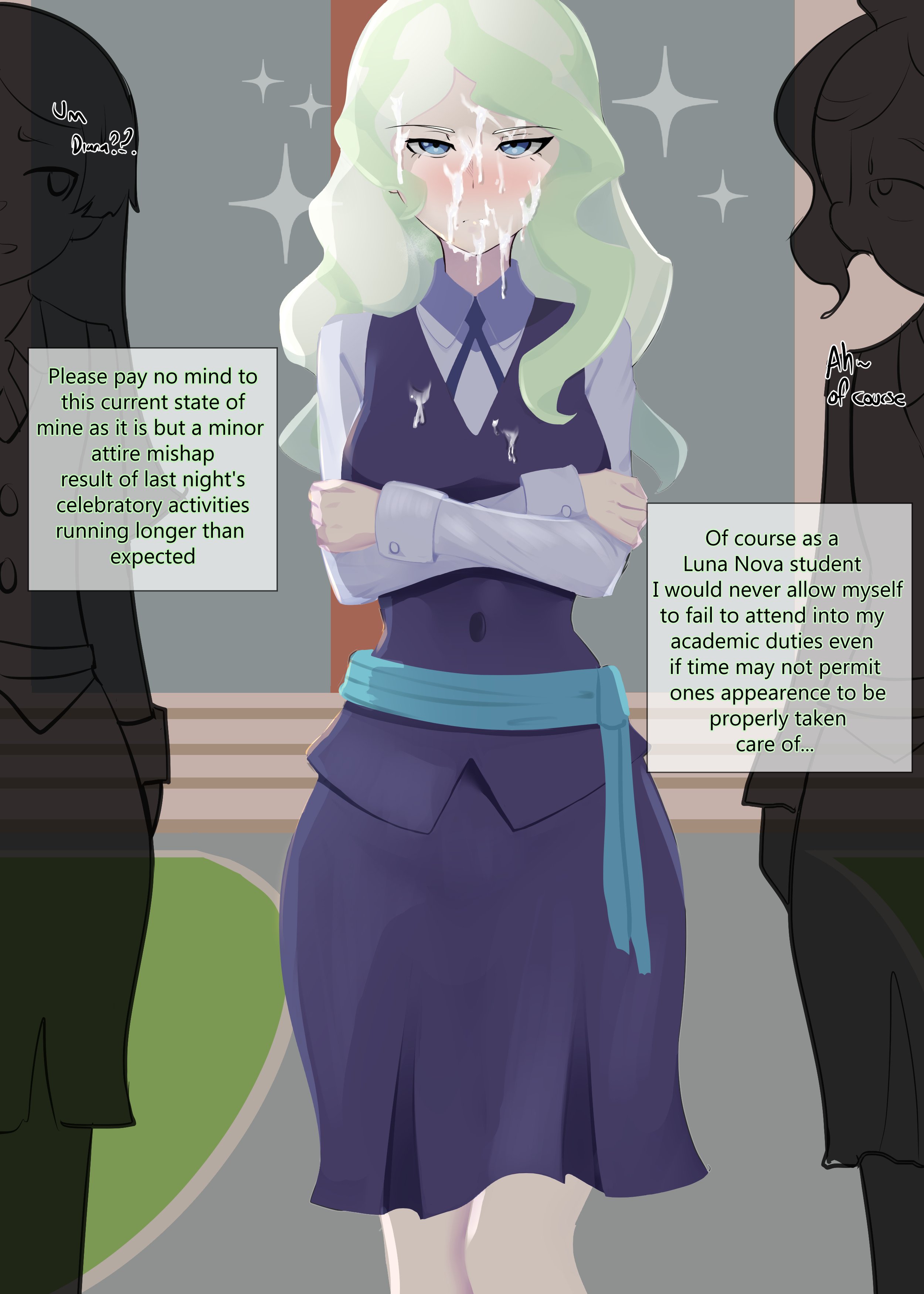 3girls, after sex, aftermath, amaredeimus, barbara parker, completely dressed, cum on clothes, cum on face, diana cavendish, dressed, female, hannah england, little witch academia, poker face, school uniform, serious, serious face, silhouette