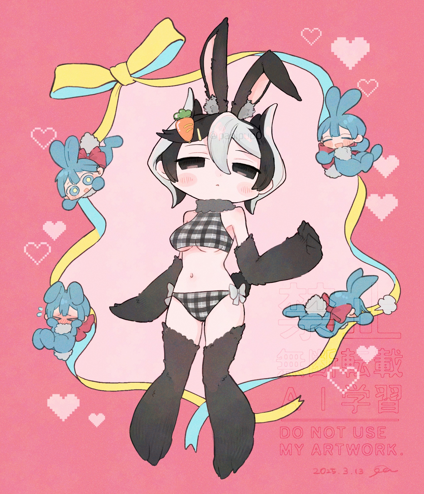 1boy, 1girls, black and white hair, black eyes, black fur, black hair, blush, breasts, bunny ears, bunny girl, bunny tail, carrot hair ornament, chibi, crop top, expressionless, female, female focus, full body, fur, hair ornament, hairclip, kemonomimi, light skin, light-skinned female, made in abyss, male, marulk, ozen, pale skin, pale-skinned female, papipup0, plaid, rabbit ears, rabbit girl, short hair, solo focus, two-tone hair, underboob