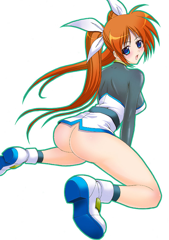 blue_eyes blush bottomless brown_hair kakogawa_tarou kneeling long_hair lyrical_nanoha mahou_shoujo_lyrical_nanoha mahou_shoujo_lyrical_nanoha_strikers takamachi_nanoha tied_hair twintails