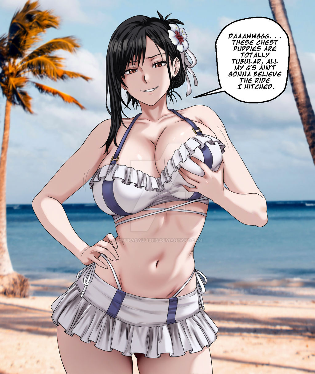alternate costume, bikini, bra, breast grab, breast squeeze, breasts, cleavage, enormous breasts, female, final fantasy, final fantasy vii, groping, huge breasts, possession, skirt, smile, smug, swimwear, tifa lockhart, tifa lockhart (shining spirit), umbracallistis, wide hips