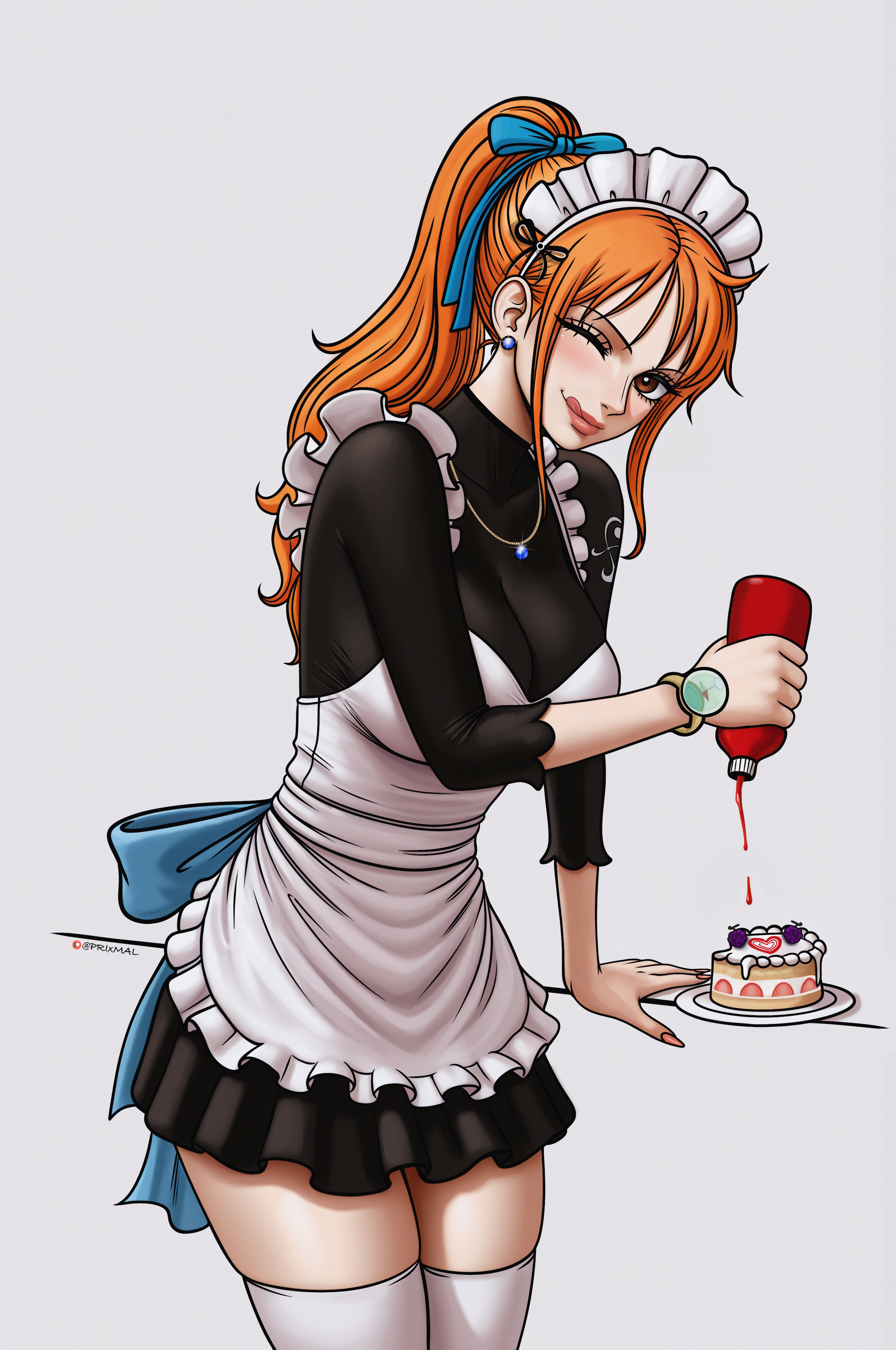 ;p, 1girls, big breasts, black dress, bracelet, breasts, brown eyes, cake, clothing, earrings, female, female only, flirting with viewer, fully clothed, ginger, ginger hair, hair ornament, hair ribbon, highres, hourglass figure, jewelry, long fingernails, long hair, long nails, looking at viewer, maid, maid apron, maid headdress, maid outfit, maid uniform, nail polish, nami (one piece), necklace, one piece, orange hair, orange-haired female, painted fingernails, painted nails, patreon, patreon username, ponytail, prixmal, ribbon, sharp fingernails, short skirt, simple background, smiling at viewer, squeeze, stockings, teasing, thigh squeeze, thigh squish, thighhighs, thin waist, tongue, tongue out, uniform, white background, wide hips, wink, winking at viewer, zettai ryouiki