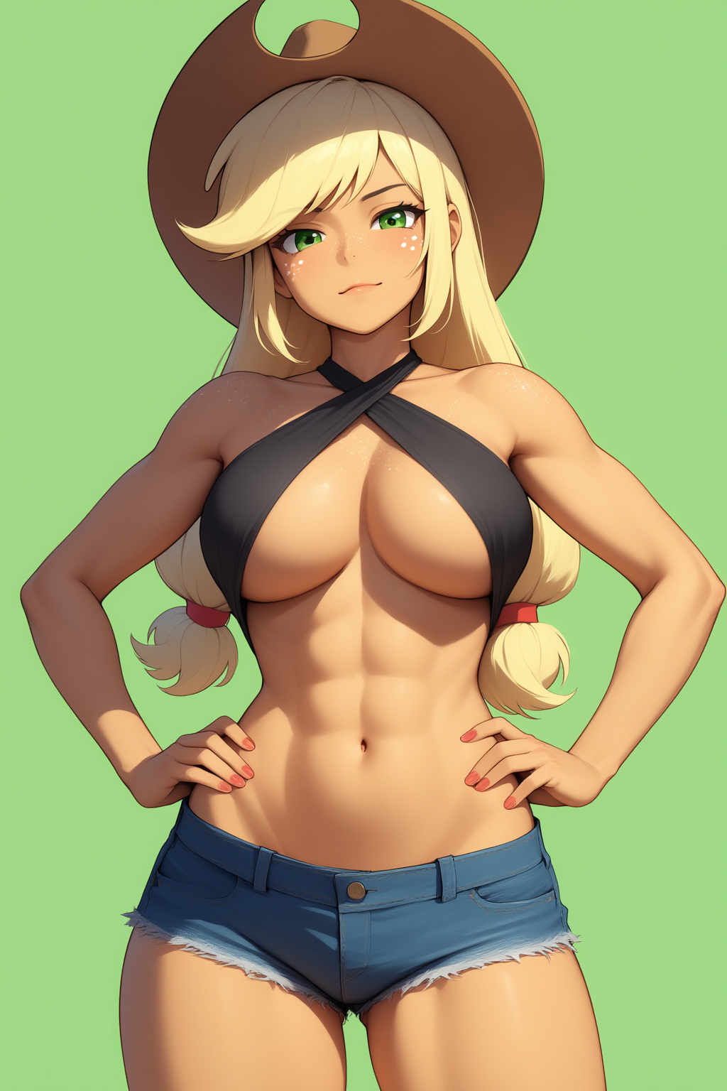 1girls abs ai_generated applejack_(eg) applejack_(mlp) big_breasts bocas_top breasts cleavage cowboy_hat denim_shorts equestria_girls female female_only freckles friendship_is_magic green_background hands_on_hips hasbro looking_at_viewer my_little_pony nai_diffusion nail_polish navel novelai shorts simple_background solo_female solo_focus stable_diffusion stetson toned toned_female