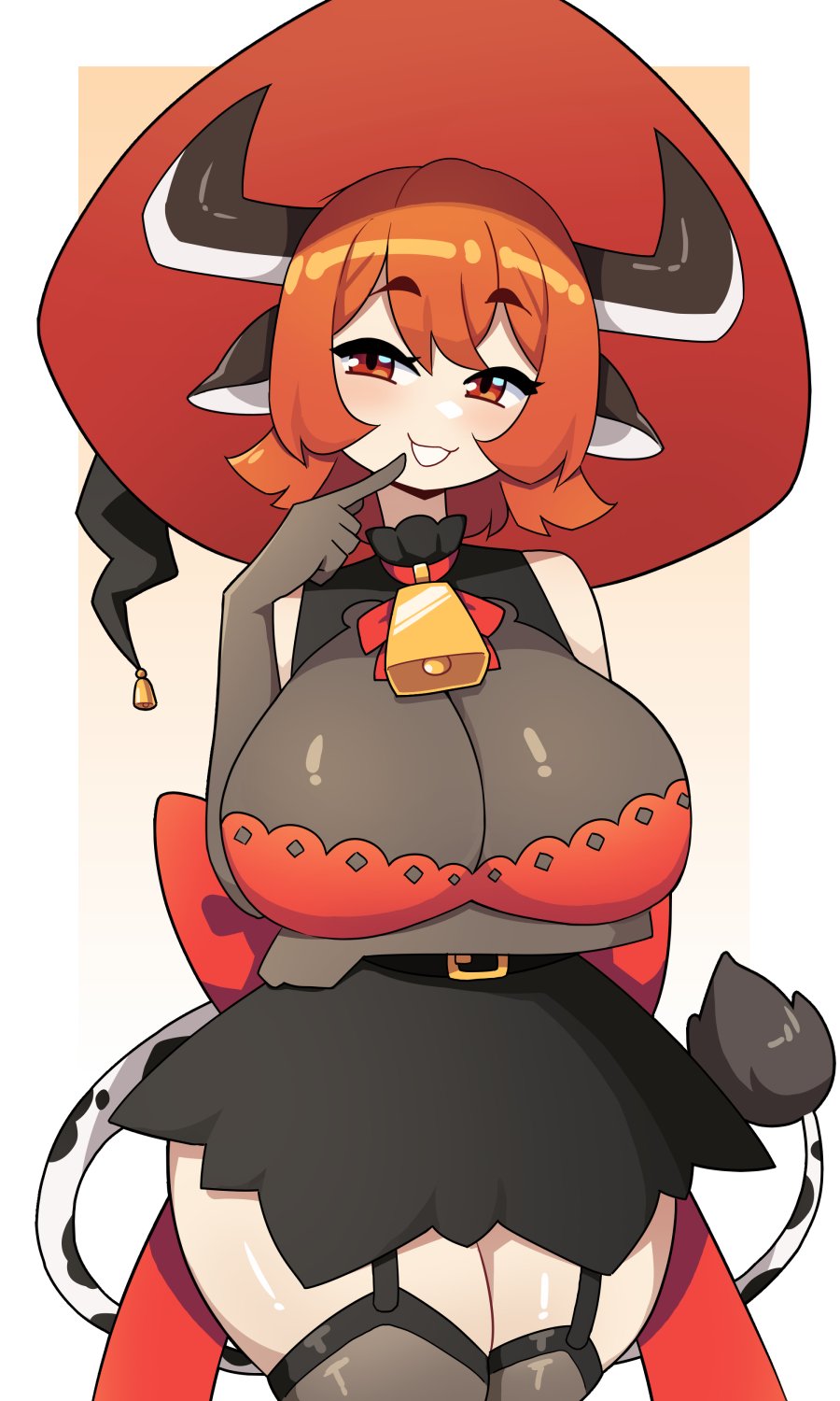 1girls, big breasts, breasts, cleavage, commission, cow ears, cow girl, cow horns, cow tail, cowbell, eyebrows visible through hair, female, female only, garter straps, hi res, horns, j5daigada, looking at viewer, orange eyes, orange hair, smiling, smiling at viewer, smug, smug smile, solo, stockings, tail, thick thighs, wide hips, witch hat