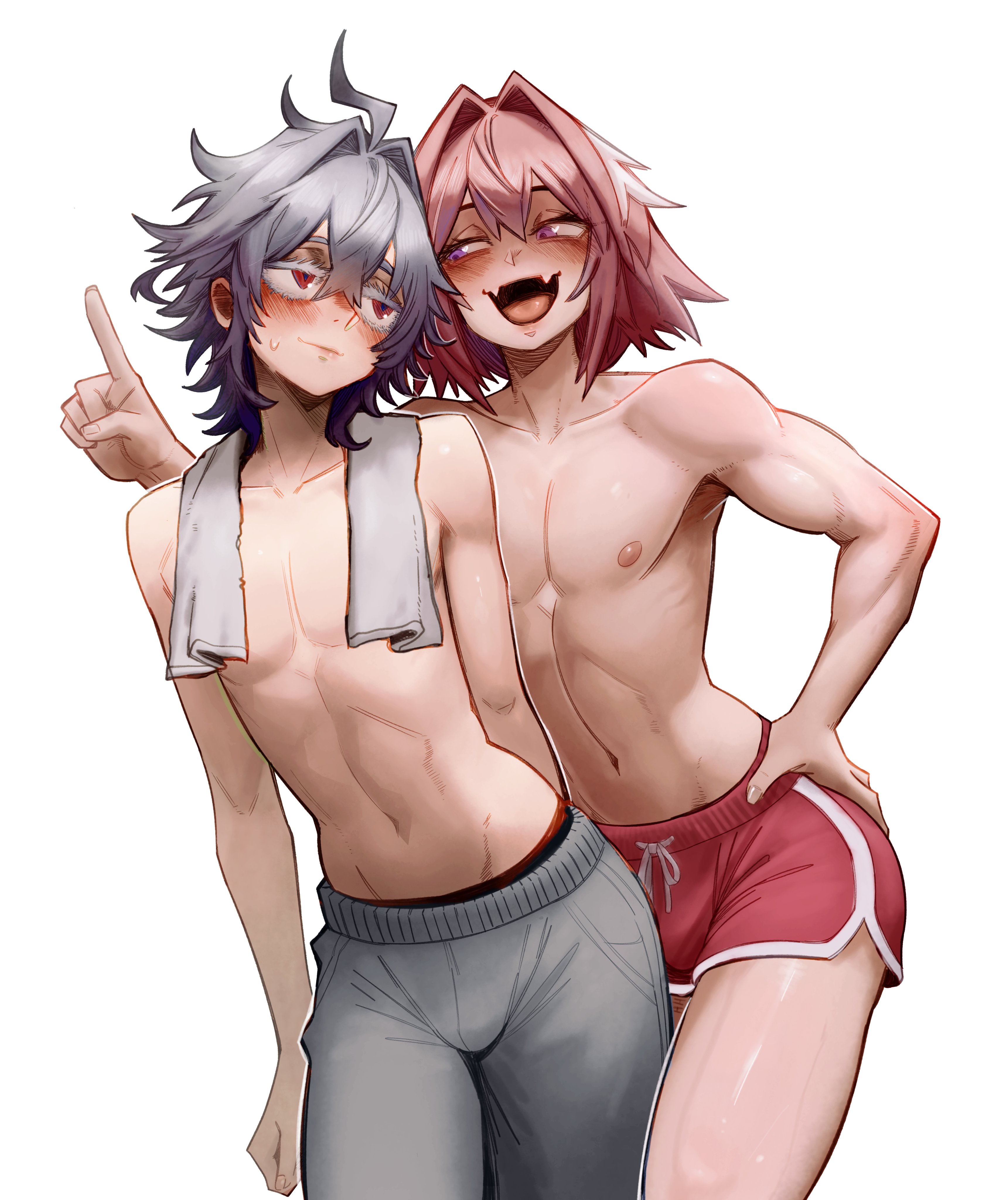 2025, 2boys, absurd res, absurdres, astolfo (fate), bulge, bulge through clothing, dolphin shorts, fate (series), fate/apocrypha, fate/grand order, femboy, gay, grey hair, gym shorts, hand on hip, happy, hi res, highres, hyacihyaci, light skin, light-skinned femboy, light-skinned male, looking at another, looking at each other, looking at partner, male, male only, male/male, nipples, pants, pink eyes, pink hair, pointing, pointing up, red eyes, red shorts, sharp teeth, shirtless, shirtless male, shorts, sieg (fate/apocrypha), sweat, sweatdrop, sweatpants, teasing, tongue, towel, towel around neck, yaoi