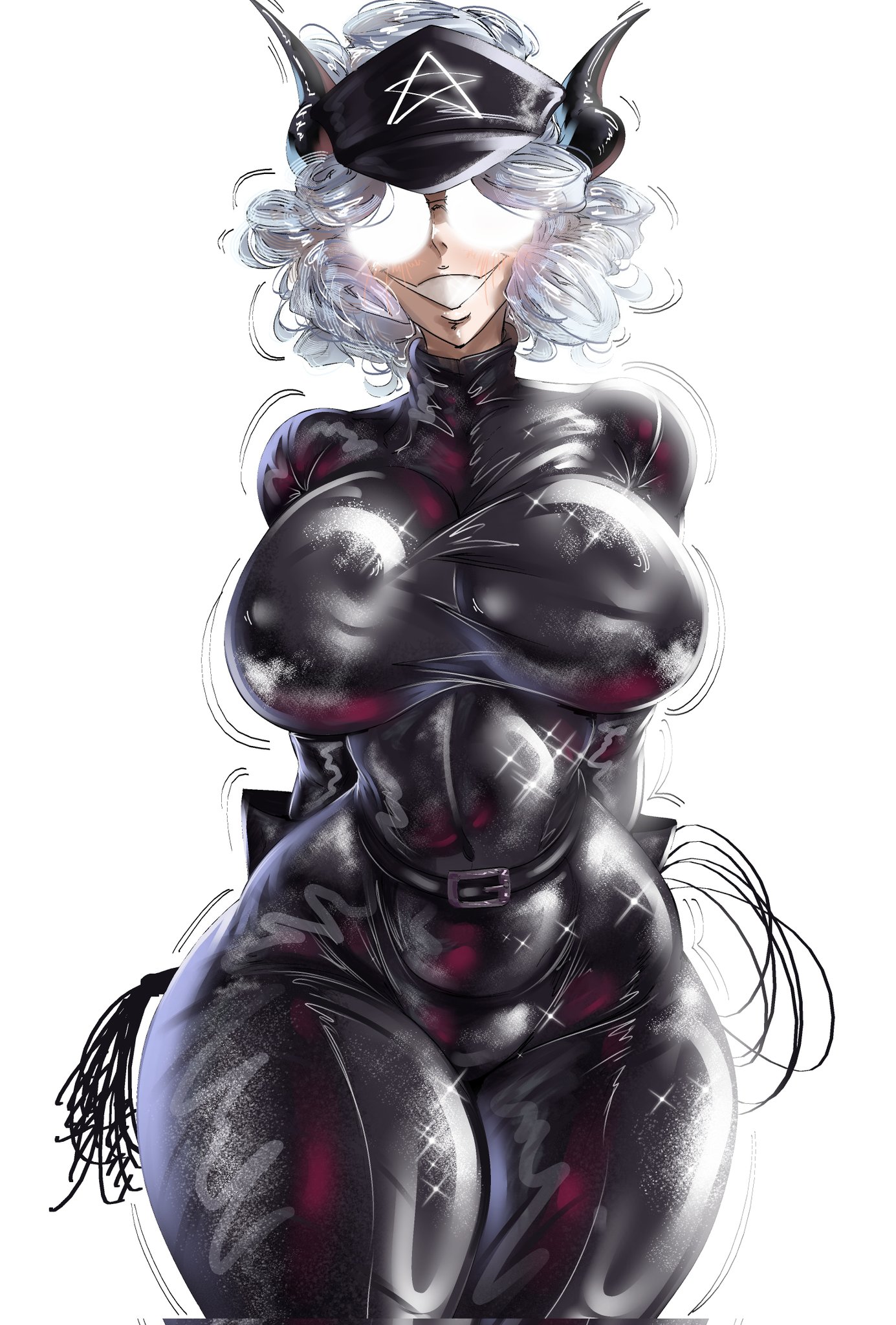 1girls, 2025, b.fask.b, belt, big breasts, black bodysuit, bodysuit, breasts, demon, demon girl, demon horns, demon tail, dominatrix, eyewear, female, female only, glasses, hair, hat, headwear, helltaker, hips, horns, huge breasts, latex, latex bodysuit, latex clothing, latex suit, motion lines, pandemonica (helltaker), round glasses, shiny, shiny clothes, sketch, skin tight, smile, solo, solo female, tail, thick thighs, thighs, tight clothes, tight clothing, white hair, wide hips