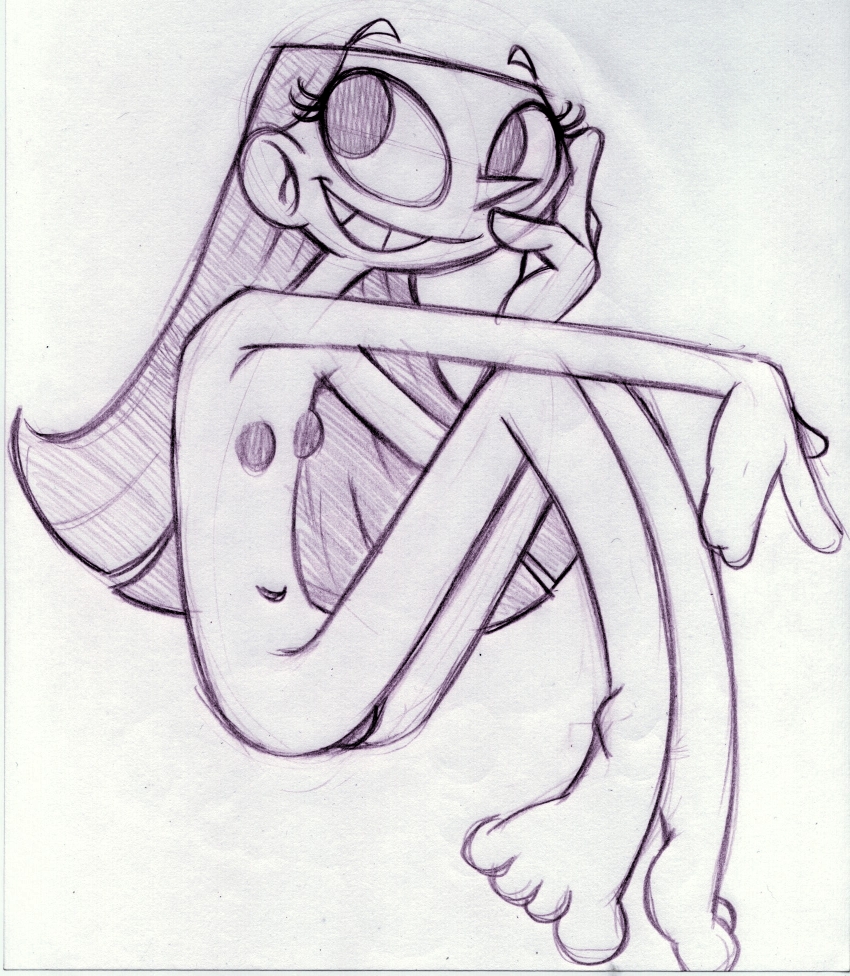 cartoon_network dee_dee_(dexter's_laboratory) dexter's_laboratory female female_only flat_chest huge_eyes human king-cheetah monochrome nipples nude sitting smile solo tagme toony wide_head