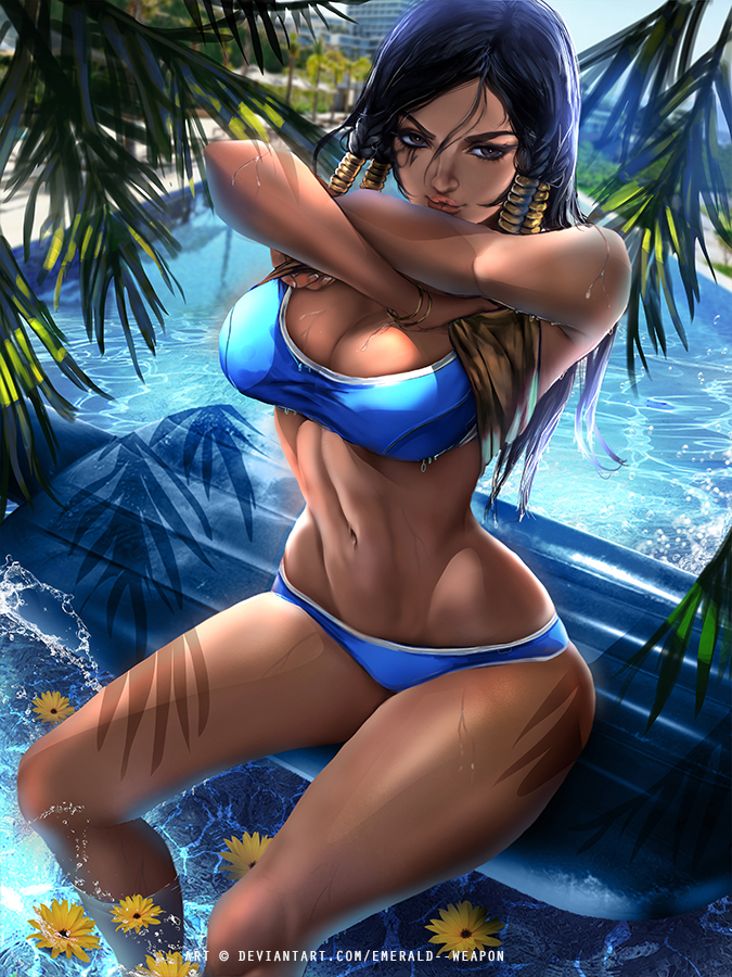 athletic, bikini, black hair, breasts, brown eyes, cleavage, curvy, dark skin, dark-skinned female, egyptian, emerald weapon (artist), eye tattoo, female, female only, flowers, large breasts, overwatch, palm tree, pharah, pool, pool float, swimsuit, taking clothes off, two piece swimsuit, undressing, voluptuous