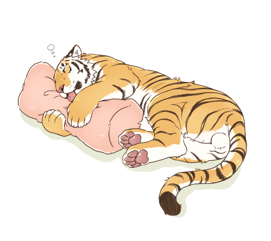 2014 balls felid feral genitals giraffe_(artist) lying male male_only mammal pantherine pillow simple_background solo tiger white_background