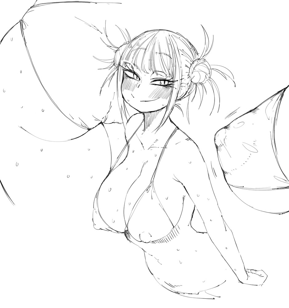 ass bangs big_breasts big_butt big_nipples bikini blunt_bangs blush breasts butt_crack cameltoe cleavage coffing_(artist) double_bun erect_nipples female high_resolution himiko_toga huge_ass large_breasts monochrome my_hero_academia nipples simple_background sketch smile solo sweat swimsuit very_high_resolution white_background