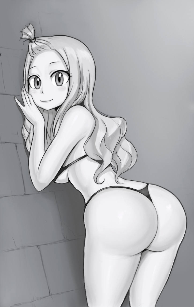 1girls, ass, bikini, black thong, blush, breasts, enenra, fairy tail, female, female focus, female only, grey background, greyscale, long hair, looking at viewer, mirajane strauss, monochrome, partially nude, sideboob, simple background, smile, thong, tied hair
