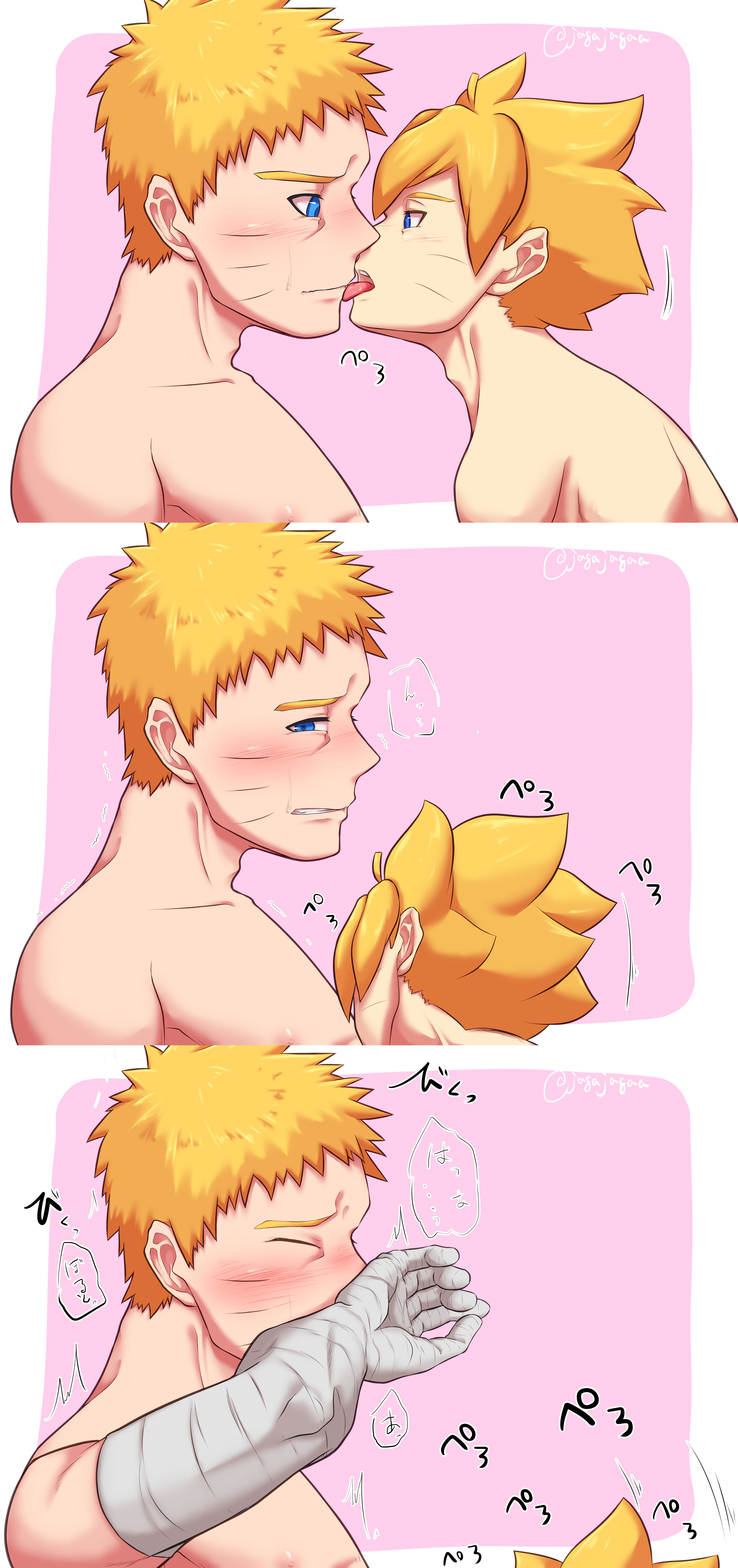 2boys, age difference, bandage, bandaged arm, blonde hair, blowjob, blue eyes, boruto: naruto next generations, cheating, cheating husband, covering mouth, father and son, fellatio, gay, incest, jagajagaa, licking, licking face, licking lips, male, male nipples, male only, male/male, mature, mature male, naruto, naruto (series), nervous, nipple suck, nipples, older male, older male and younger male, oral, short hair, shy, smooth skin, smooth skinned male, softcore, sucking nipples, sweat, sweatdrop, tongue, tongue out, topless, twink, uncensored, uzumaki boruto, uzumaki naruto, voluptuous, whisker markings, whiskers, yaoi, yellow hair, younger male