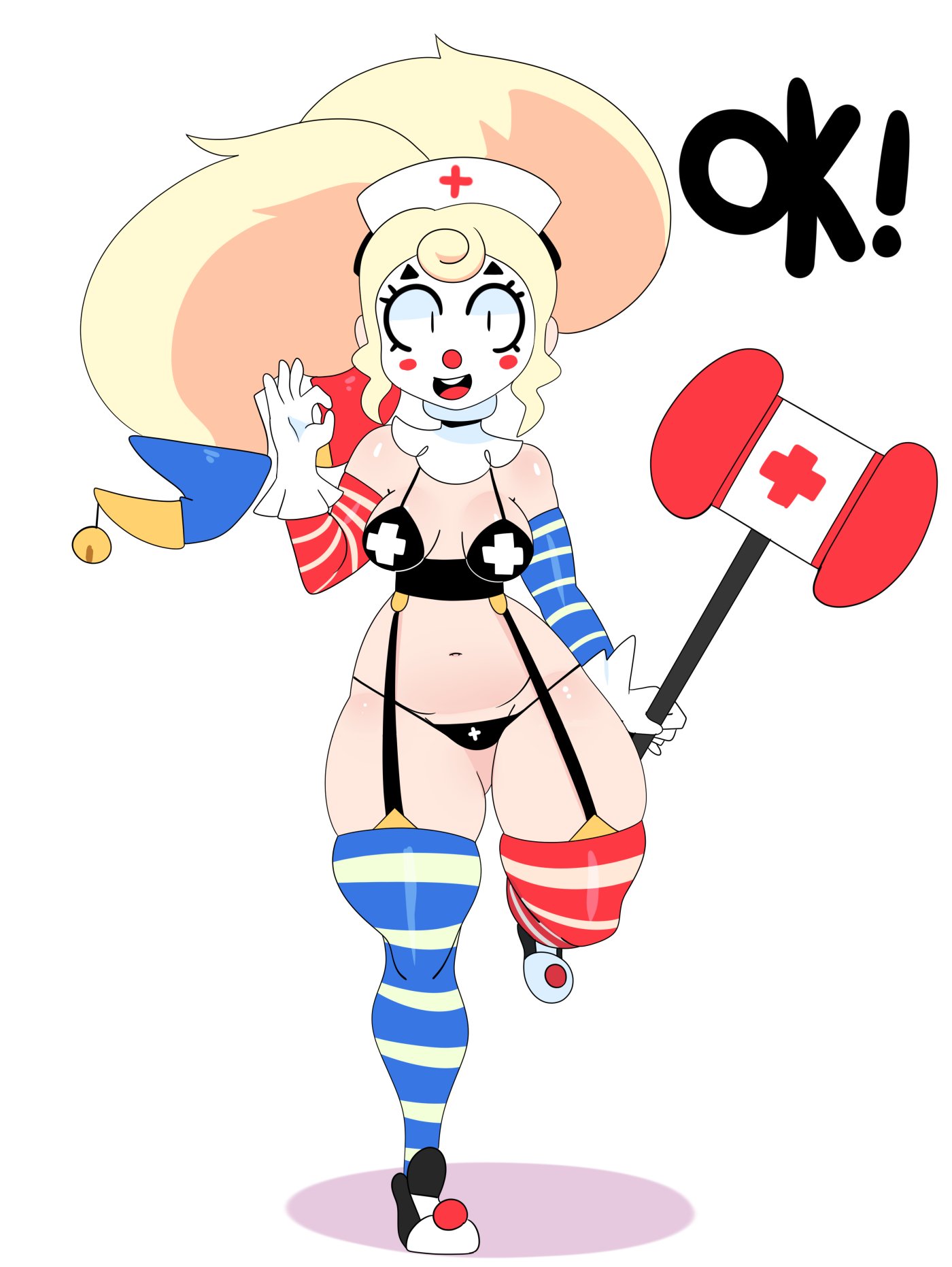 1girls, ass, ass visible through thighs, big ass, black bra, black thong, blonde hair, bra, breasts, cleavage, clothing, clown, clown makeup, clown nose, curvy, english text, female, female only, garter straps, gloves, hair, hair ornament, hammer, light skin, lingerie, makeup, nurse, nurse cap, ok sign, one leg up, open smile, original, original character, partially clothed, ponytail, shoes, small breasts, smile, solo, solo female, somescrub, straps, striped clothing, striped legwear, striped thighhighs, text, thick thighs, thigh highs, thong, weapon, white background