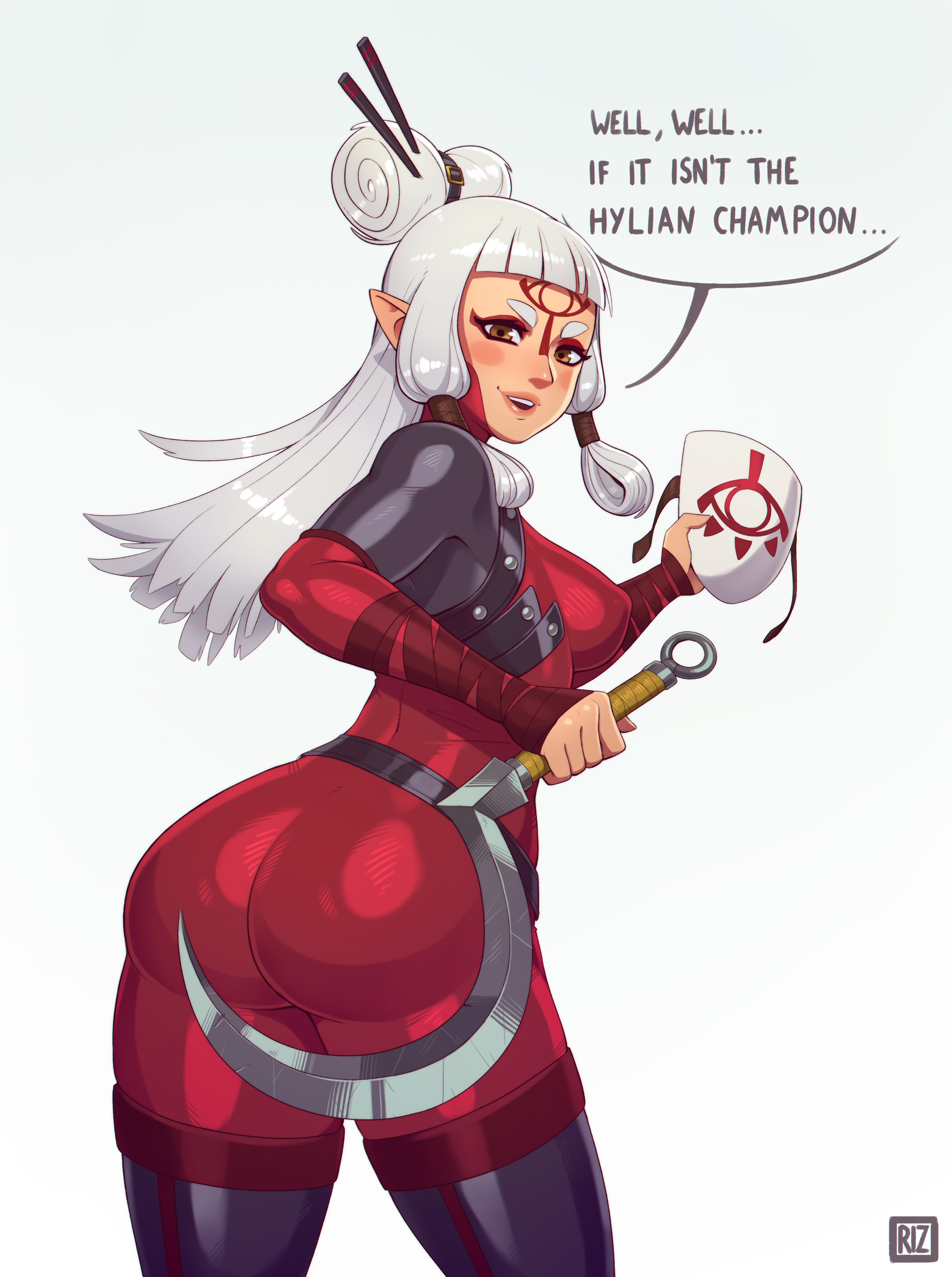 1girls, absurdres, ass, bad id, bad twitter id, big ass, bodysuit, breasts, breath of the wild, corrupted, corruption, dialogue, enemy conversion, female, female focus, female only, femdom, highres, long hair, looking at viewer, looking back, nintendo, paya (the legend of zelda), rizdraws, solo, speech bubble, text, the legend of zelda, thick thighs, thighs, tight clothing, weapon, white hair, year request, yiga clan