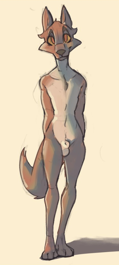 animal_genitalia anthro balls canid canine colored_sketch fox front_view full-length_portrait fully_sheathed genitals guide_lines hands_behind_back katlek looking_at_viewer male male_only mammal nude orange_eyes paws pink_background portrait sheath simple_background skinny smile solo standing tan_sclera