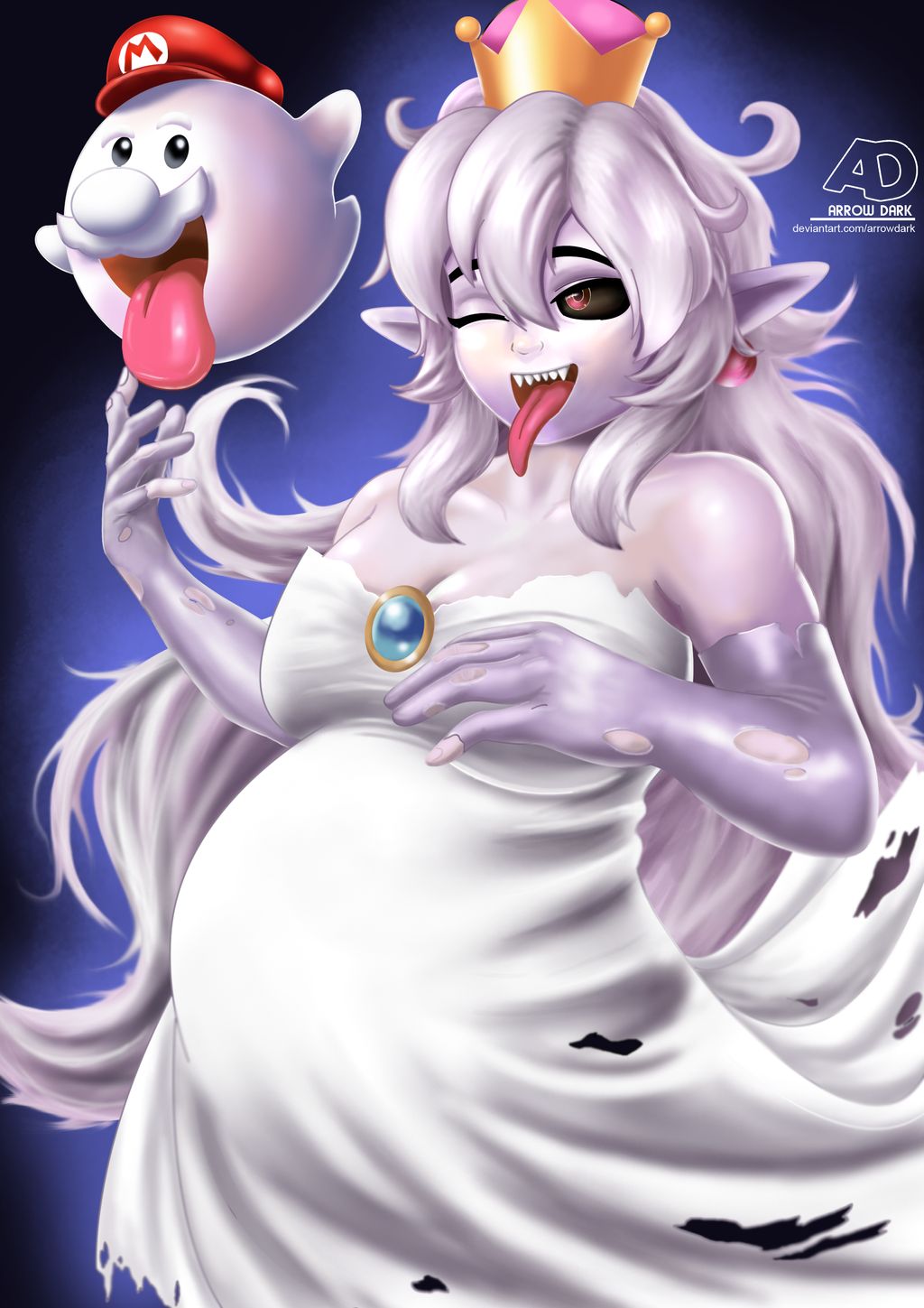 arrowdark black_eyes boo_(mario) boo_mario boosette closed_eye crown floating ghost mario mario_(series) new_super_mario_bros._u_deluxe nintendo pregnant ready_to_pop red_eyes ripped_clothing sharp_teeth super_mario_galaxy tongue_out white_dress white_gloves white_hair wink