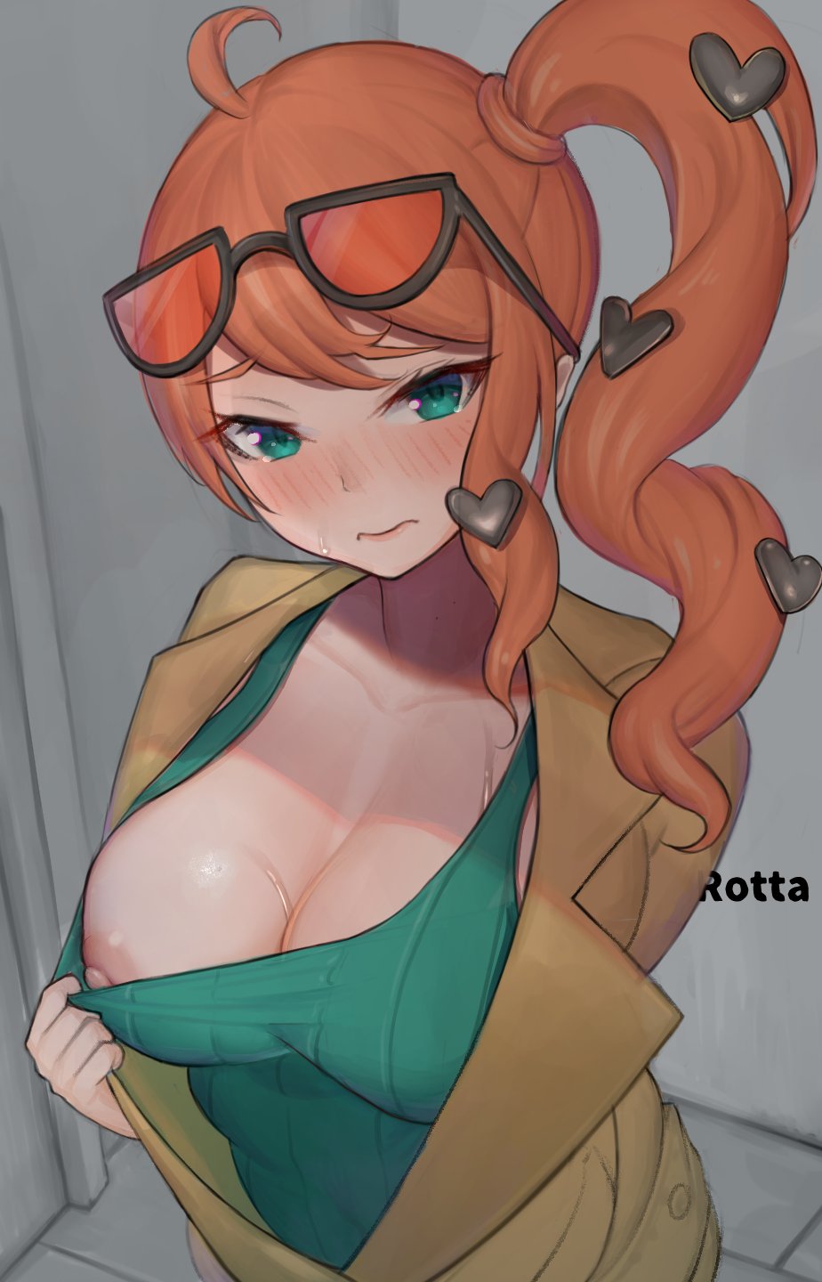 1girls, big breasts, breasts, cleavage, clothed, female, female only, flashing, nintendo, pokemon, pokemon ss, solo, sonia (pokemon), sunglasses on head, text
