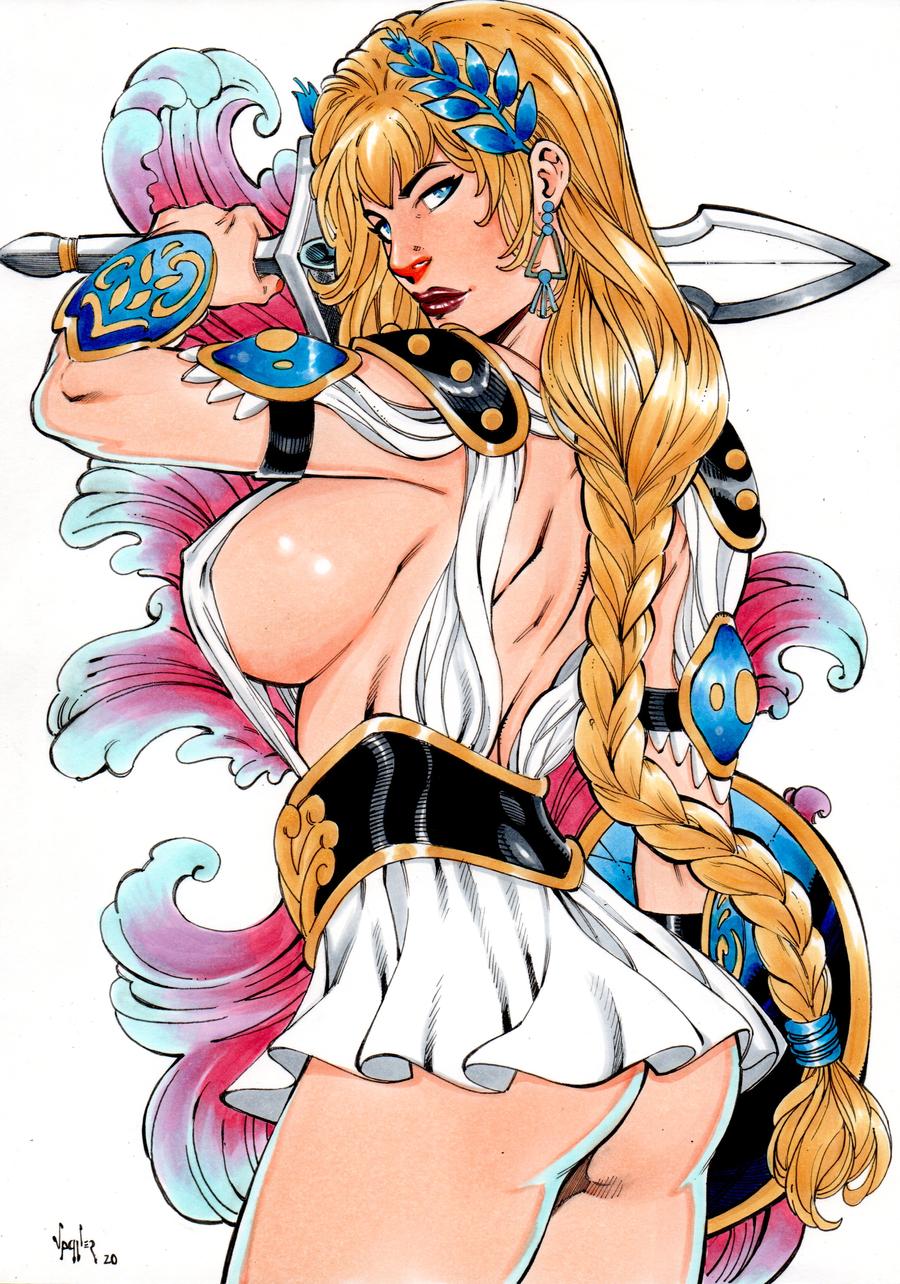 1girls ass blonde_hair blue_eyes braid earrings female large_breasts long_hair looking_at_viewer milf sideboob sophitia_alexandra soul_calibur sword toga vagner_fernandes warrior