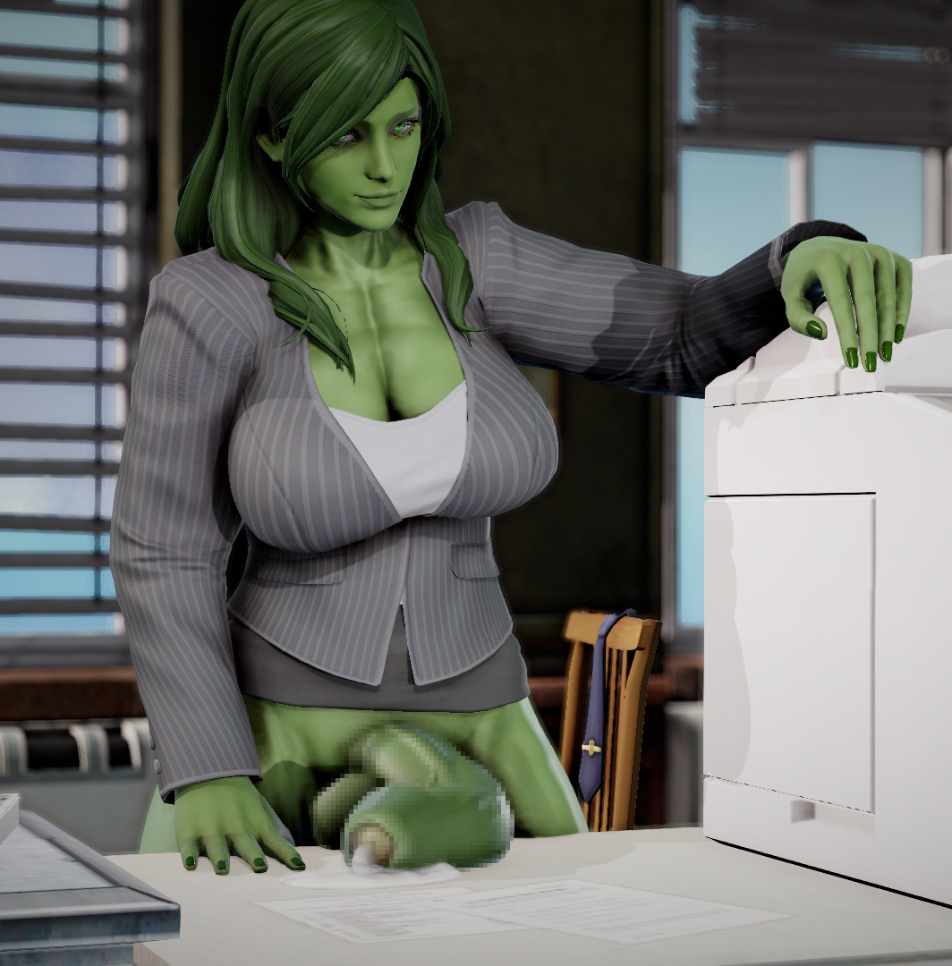 1futa, 3d, 3d (artwork), big breasts, big penis, bottomless, breasts, business suit, business woman, censored, cleavage, cum, flaccid, foreskin, futa only, futanari, green body, green eyes, green hair, green skin, huge breasts, huge cock, hulk (series), intersex, large breasts, large penis, marvel, marvel comics, office lady, painted nails, penis, precum, she-hulk, solo, solo futa, tagme (artist), uncircumcised, unknown artist