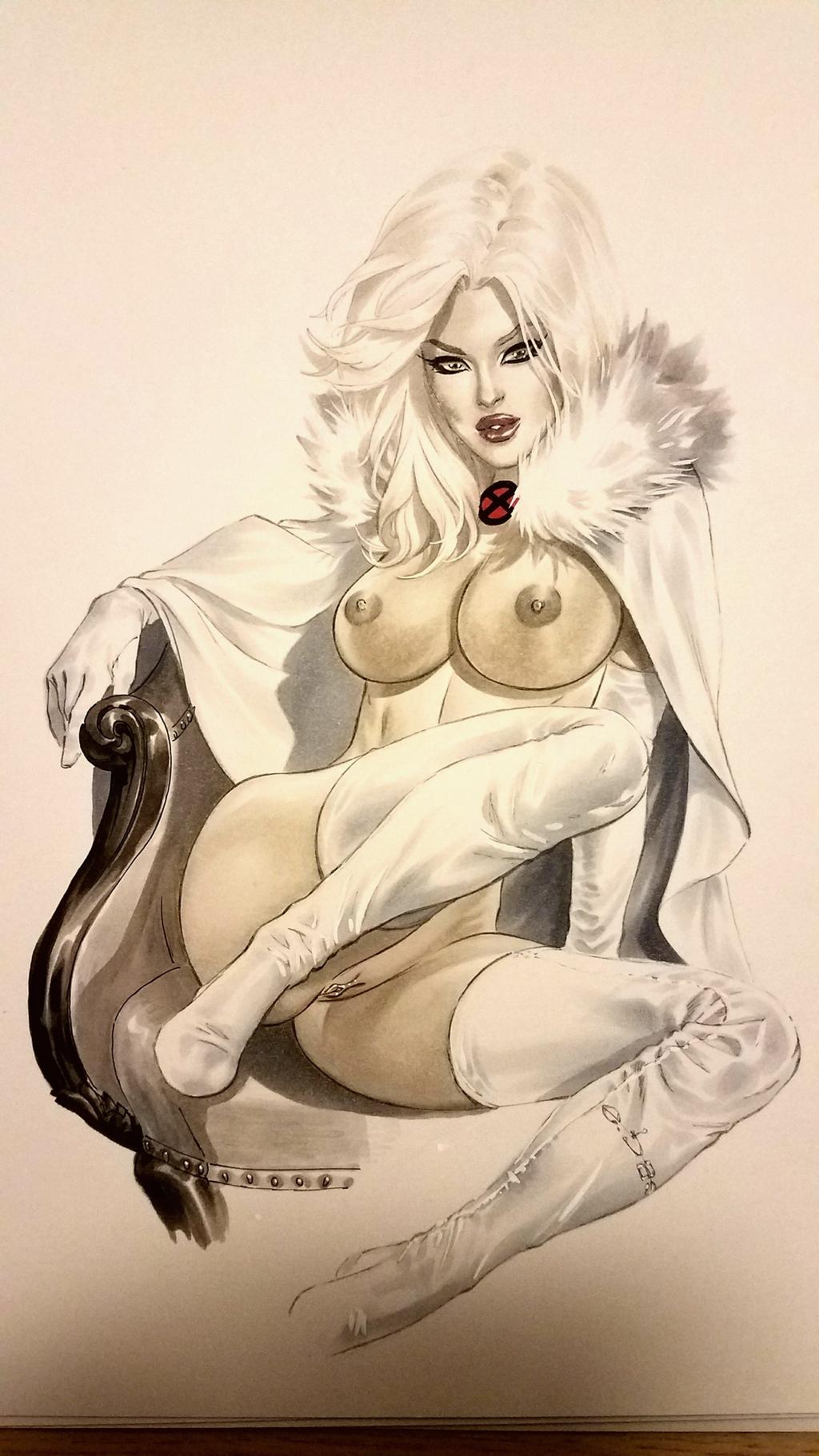 1girls big_breasts breasts curvy elbow_gloves emma_frost eric_basaldua female female_only marvel marvel_comics nude nude_female pussy pussy_lips shaved_pussy sitting solo thighhighs vagina white_queen x-men