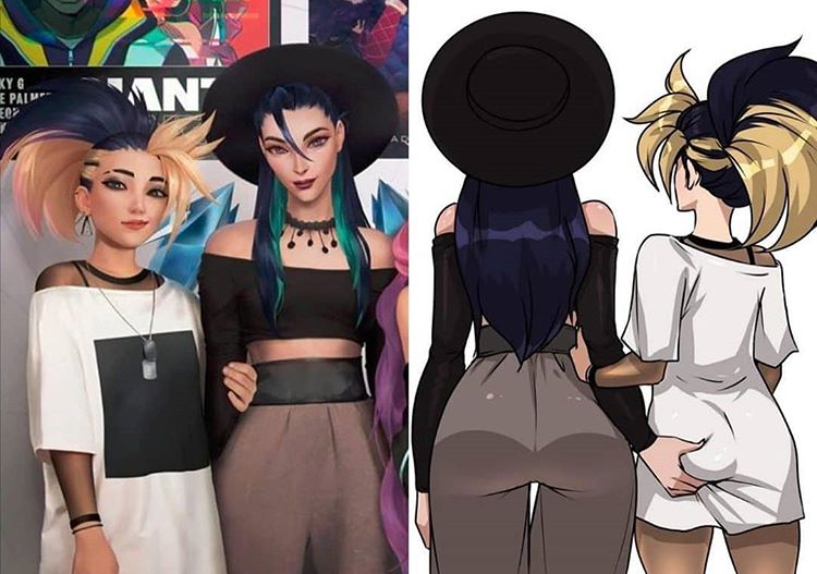 akali, ass, ass grab, female, groping, k/da all out akali, k/da all out kai'sa, k/da all out series, kai'sa, kyoffie, league of legends, public, stealth ass grab