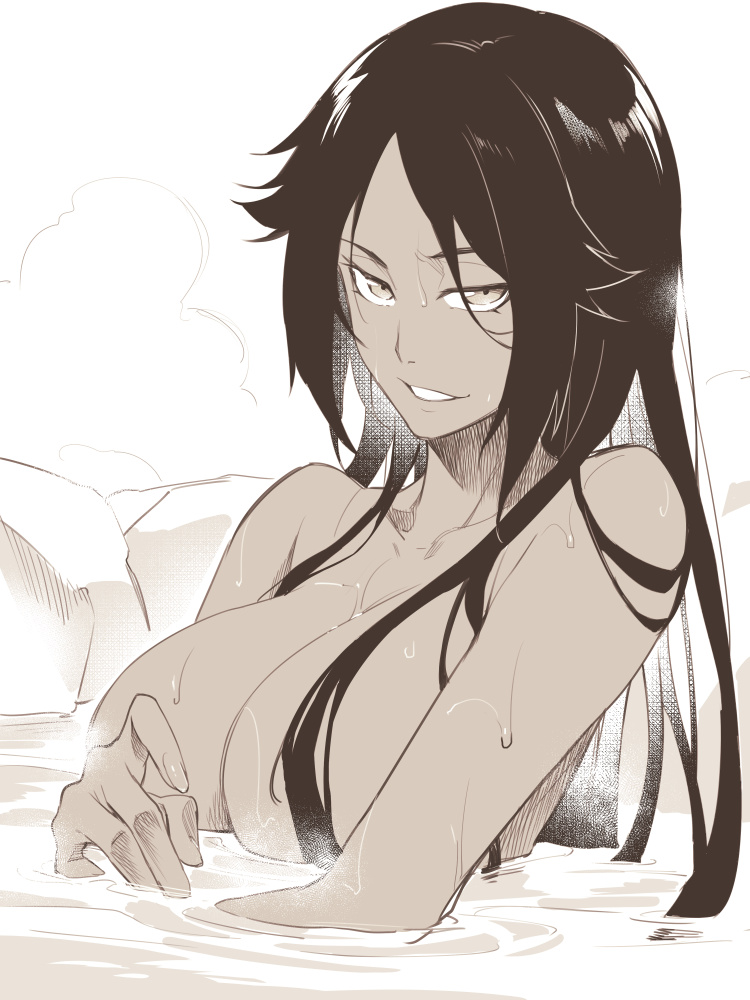 1girls, asutora, bathing, bleach, breasts, clavicle, dark skin, female, female only, greyscale, hair down, hot spring, large breasts, long hair, looking at viewer, monochrome, nude, partially submerged, shihouin yoruichi, simple background, smirk, solo, teeth, upper body, water, wet, white background