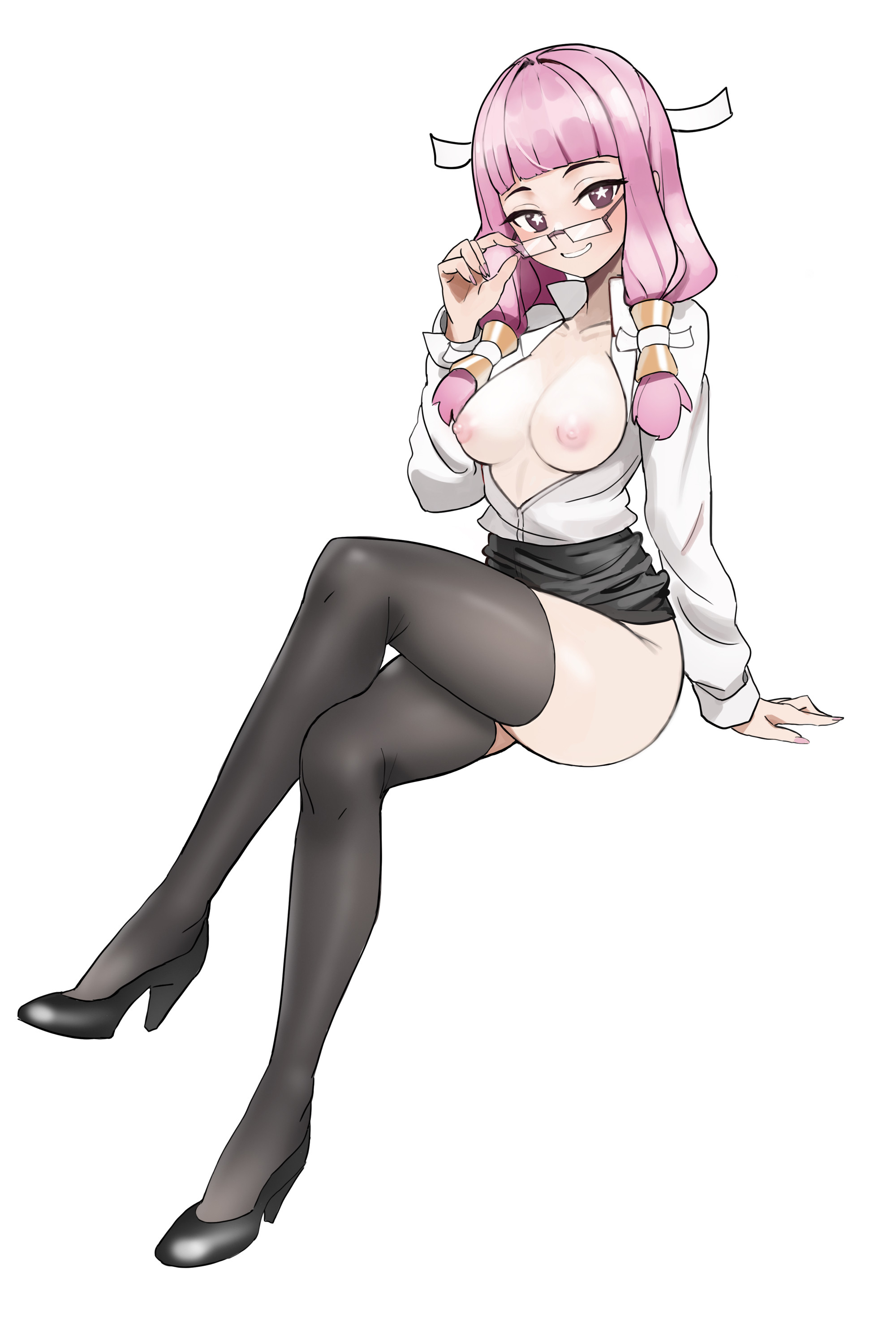 1girls, alternate costume, bare thighs, black skirt, black thighhighs, blush, breasts, breasts out, business suit, crossed legs, female, fire emblem, fire emblem fates, glasses, heels, high heels, kiritzugu, medium breasts, medium hair, miniskirt, mitama (fire emblem), naughty face, nintendo, nipples, office, office lady, open shirt, pencil skirt, pink hair, purple eyes, seductive, seductive smile, skirt, skirt lift, skirt suit, smile, smug, solo, star-shaped pupils, stockings, thighhighs, thighs, tight skirt, violet eyes