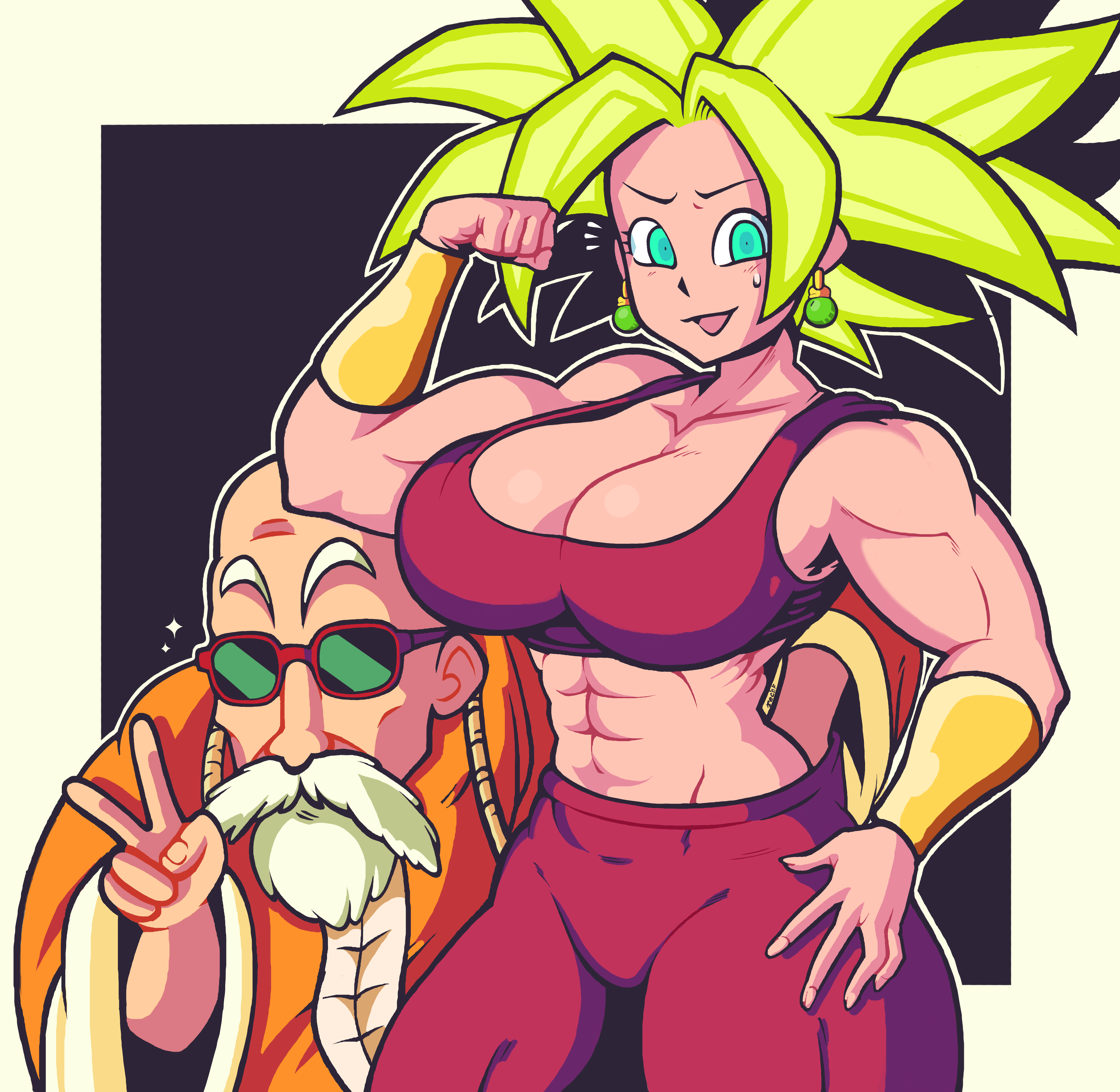 1boy, 1girls, big breasts, breasts, cleavage, clothed female, dragon ball, dragon ball super, earrings, female, fusion, green eyes, green hair, kefla, larger female, legendary super saiyan, light skin, light-skinned female, male, master roshi, potara earrings, saiyan, short hair, smaller male, solo female, spiky hair, straight, super saiyan, super saiyan 2, tecfuzz