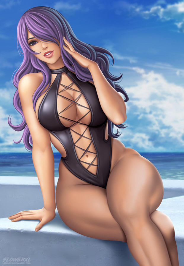 1girls, big breasts, black swimsuit, breasts, camilla (fire emblem), cleavage, curvy, female, female only, fire emblem, fire emblem fates, flowerxl, hartman hips, hips, hourglass figure, large breasts, mature female, nintendo, one eye covered, one-piece swimsuit, solo, swimsuit, thick lips, thick thighs, thunder thighs, thunderthighs, wide hips