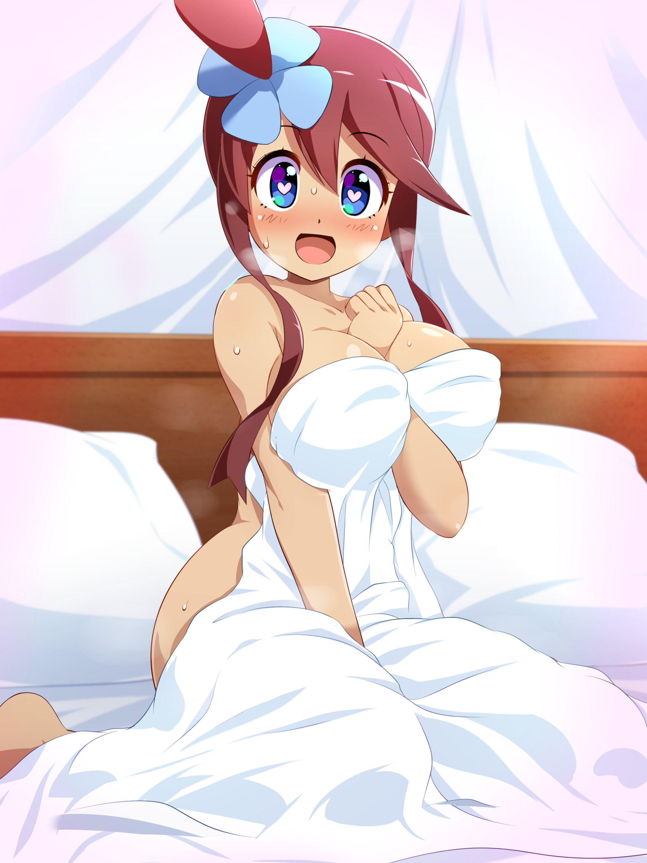 1girls, bed, big breasts, blue eyes, breasts, cleavage, eye contact, female, female only, heart, heart-shaped pupils, heavy breathing, high resolution, konpeto, large breasts, light skin, light-skinned female, looking at viewer, nintendo, nude, pale skin, pale-skinned female, pillow, pokemon, pokemon bw, red hair, skyla (pokemon), solo, sweat, towel