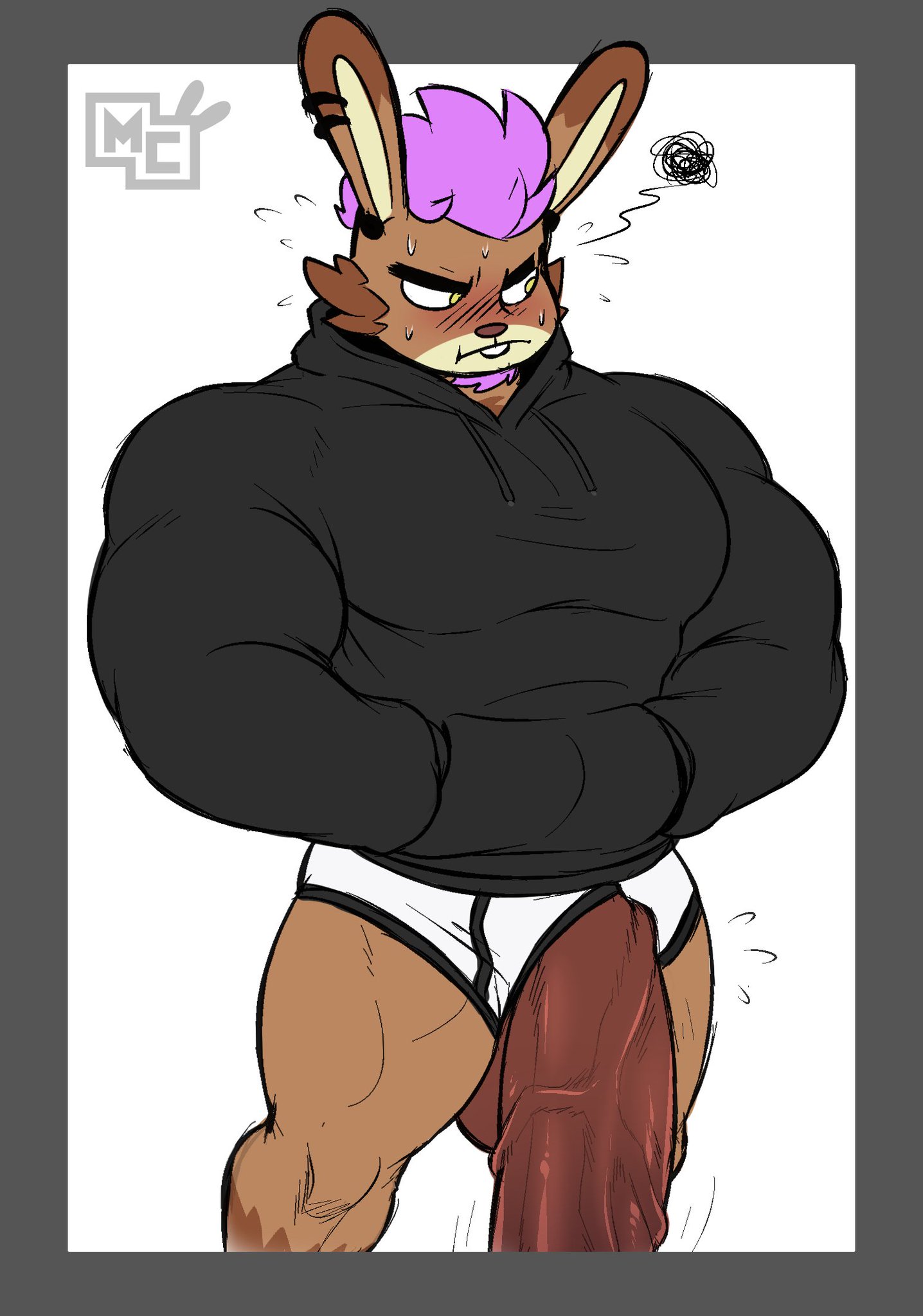 anthro, balls, bara, big balls, big pecs, big penis, blush, diskodeath, ear piercing, embarrassed, facial hair, flaccid, furry, gay, hands in pockets, hoodie, huge cock, huge penis, hyper penis, looking away, male, male only, munchy (diskodeath), original character, penis, penis through fly, purple hair, solo, sweating, sweating profusely, underwear, veins, veiny penis, yaoi