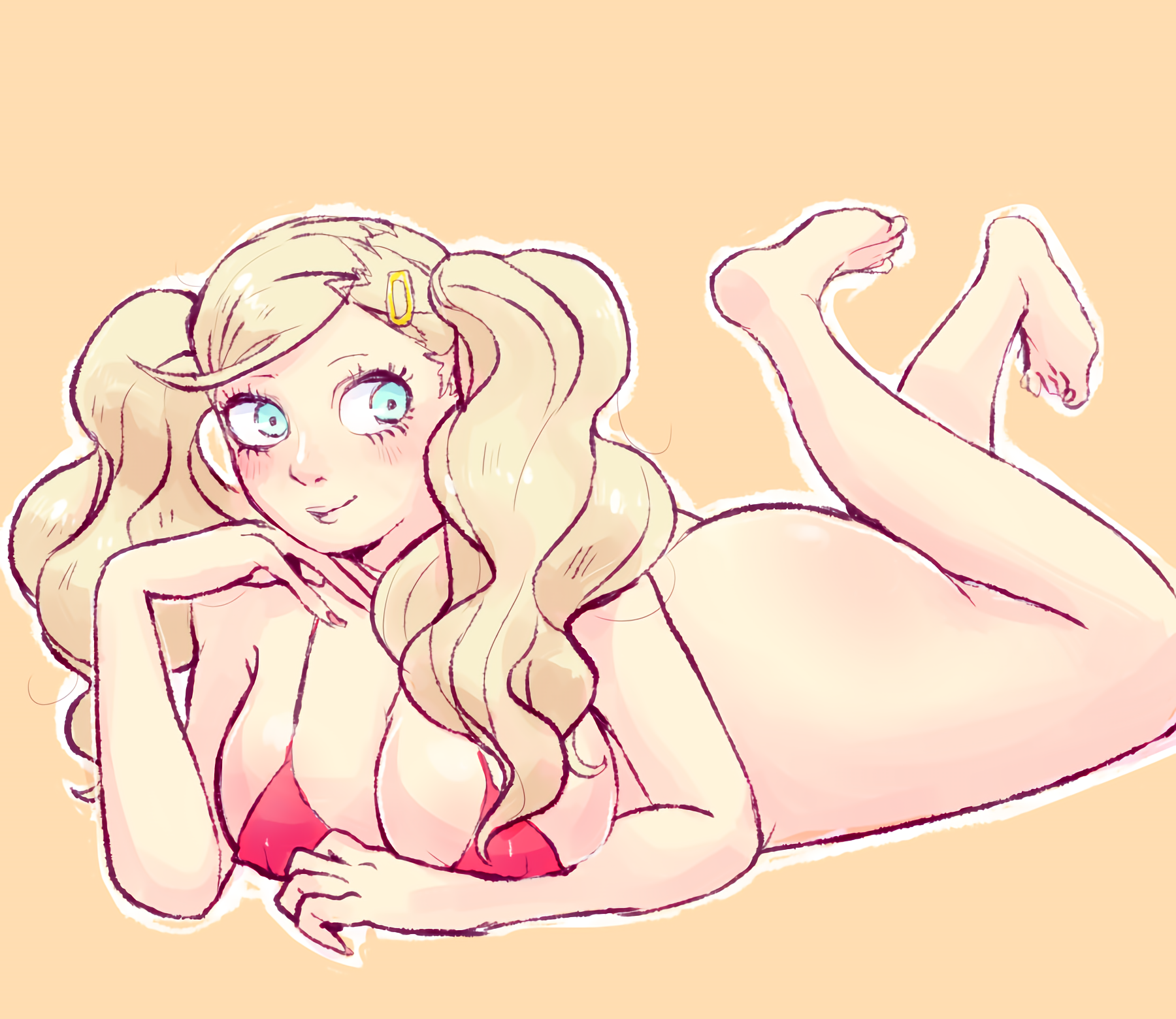 1girls, ann takamaki, ass, barefoot, beige background, big ass, big breasts, big butt, bikini top, blonde, blonde hair, blue eyes, blush, blushing, bottomless, breasts, busty, cleavage, clothing, curvy, eyelashes, feet, female, female only, hair pin, hairpin, highres, huge ass, huge breasts, huge butt, large ass, large breasts, lips, lying down, lying on stomach, nails, no visible genitalia, notsafeforfruit, partially clothed, persona, persona 5, pink bikini top, sexually suggestive, smile, smiling, solo, thick thighs, twintails, voluptuous, wide hips