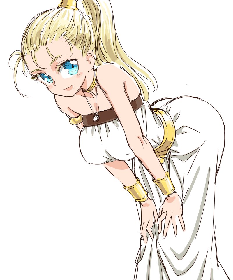 1girls aqua_eyes blonde_hair blue_eyes breasts chrono_trigger cleavage female female_only jewelry large_breasts long_hair marle marle_(chrono_trigger) open_mouth open_smile ponytail s-a-murai simple_background smile solo solo_female solo_focus tied_hair white_background