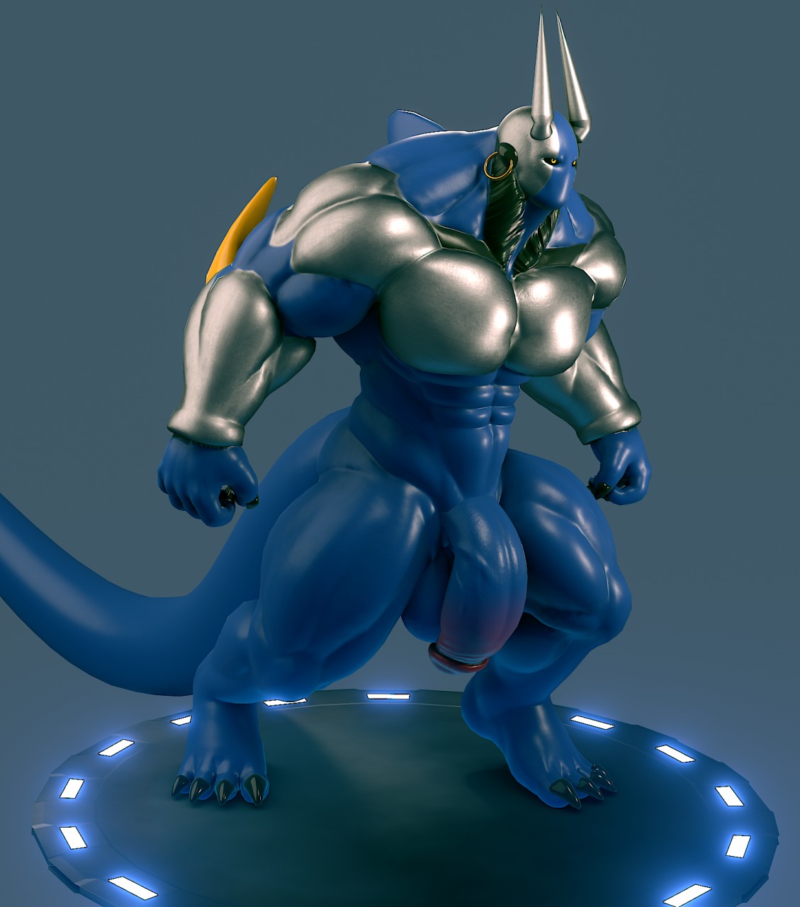 3d alien blue_body e-zoid finnter_(e-zoid) flaccid genitals hi_res horn humanoid male male_only muscular muscular_humanoid muscular_male penis solo